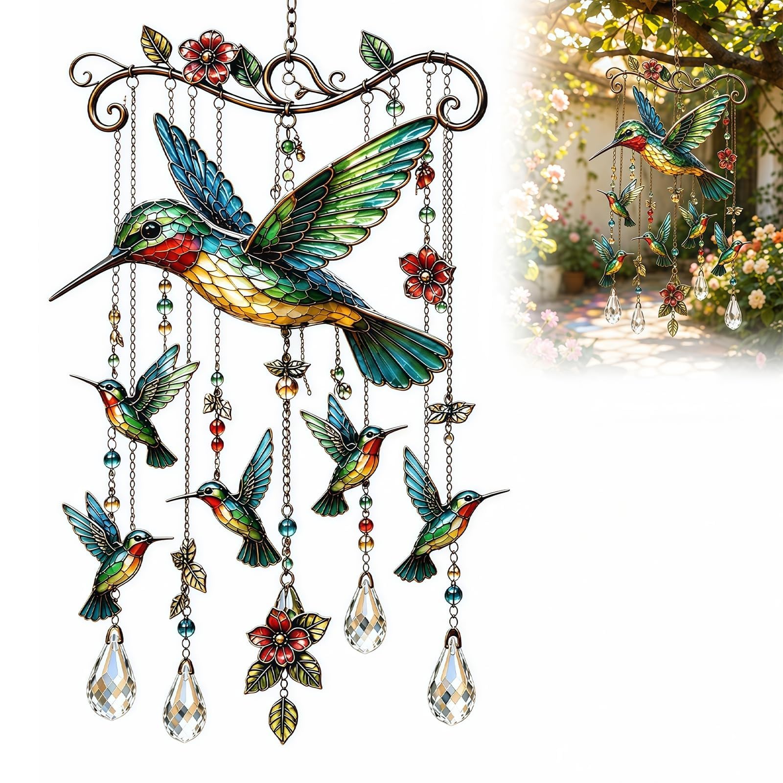 Hummingbird Wind Chimes Outdoor - Shatterproof Acrylic Suncatcher Garden Ornaments With Rainbow Prism Drops - Memorial Gardening Gifts For Women, Mum, Grandma & Nature Lovers