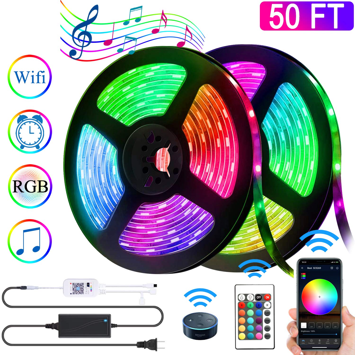 LED Strip Lights Kit 50ft(15M), Waterpoof Bluetooth APP Smart Controlled Light Strip Kit 5050 RGB Works,for TV,Bedroom,Party and Home Decoration