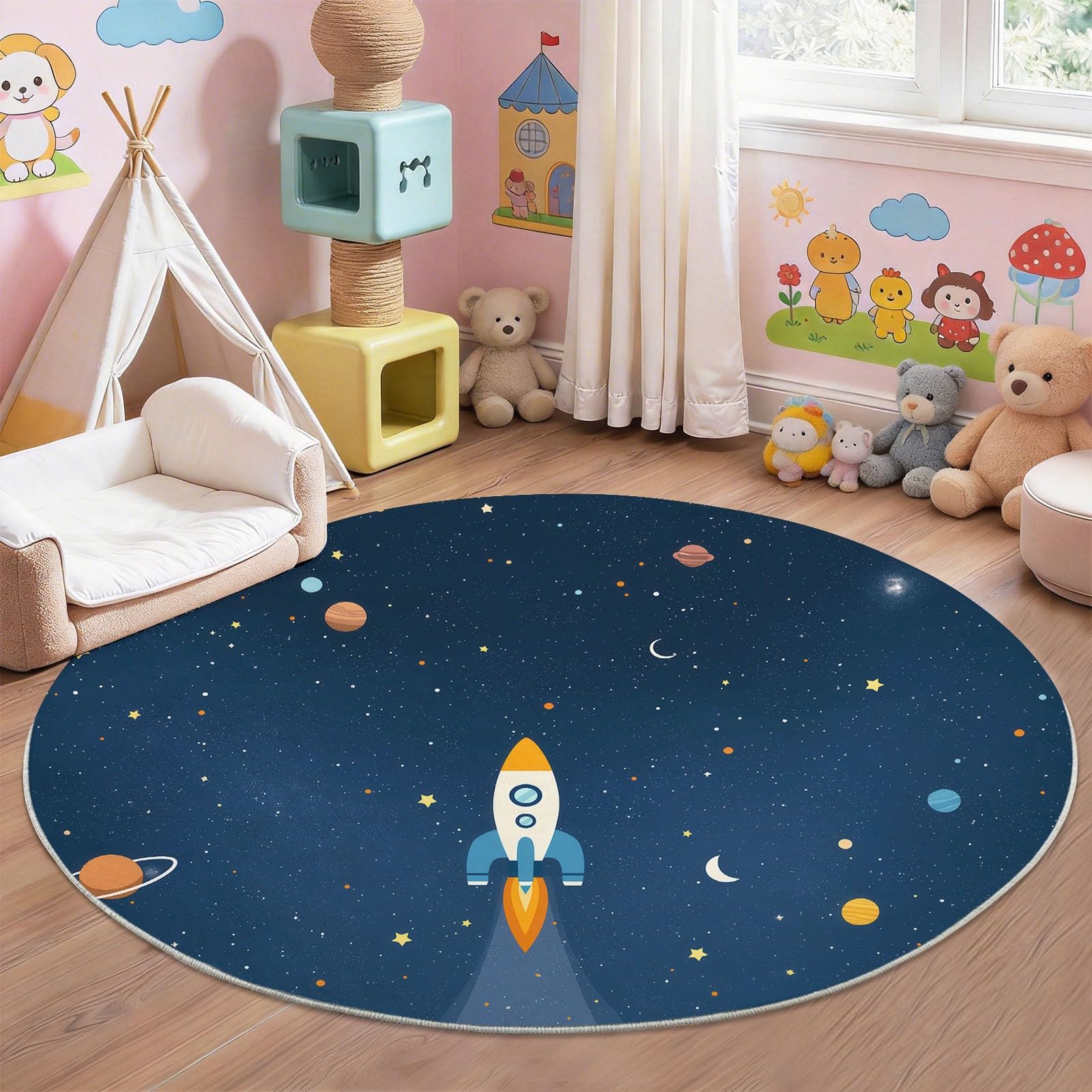 200 cm Tapis de Salon Rond à Poils Courts, Espace Cartoon Tapis de Sol Décoratif Doux et Confortable, Bleu Blanc Fusée Planètes Lune Lavable et Antidérapant pour Salon Chambre Chambre d'enfant