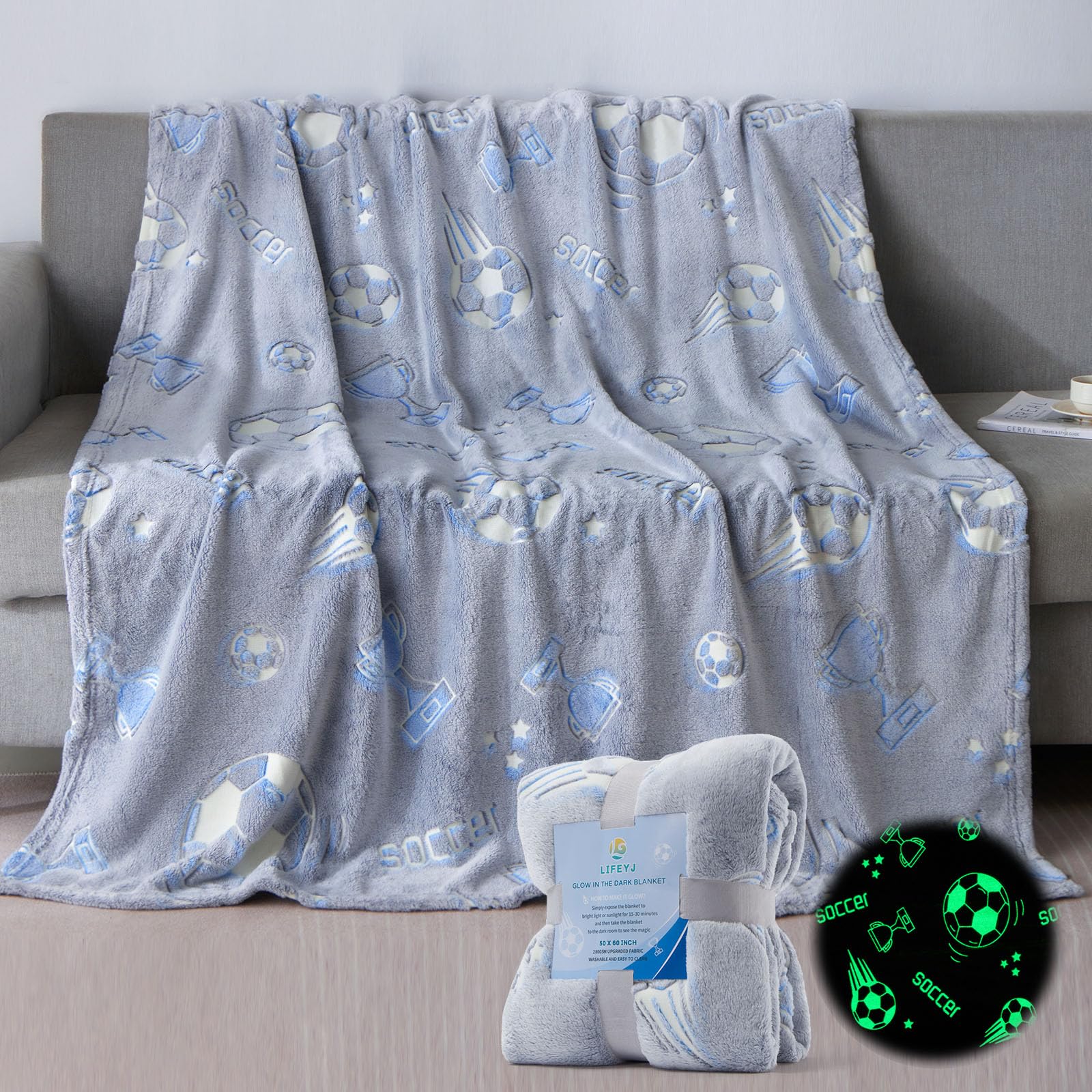 LIFEYJ Glow in The Dark Soccer Blanket Gifts for Boys, Soft Blanket 3 4 5 6 7 8 9 10 Year Old Kids Gifts, Toddler Boys Toys Age 6-8,Gifts for Boys for