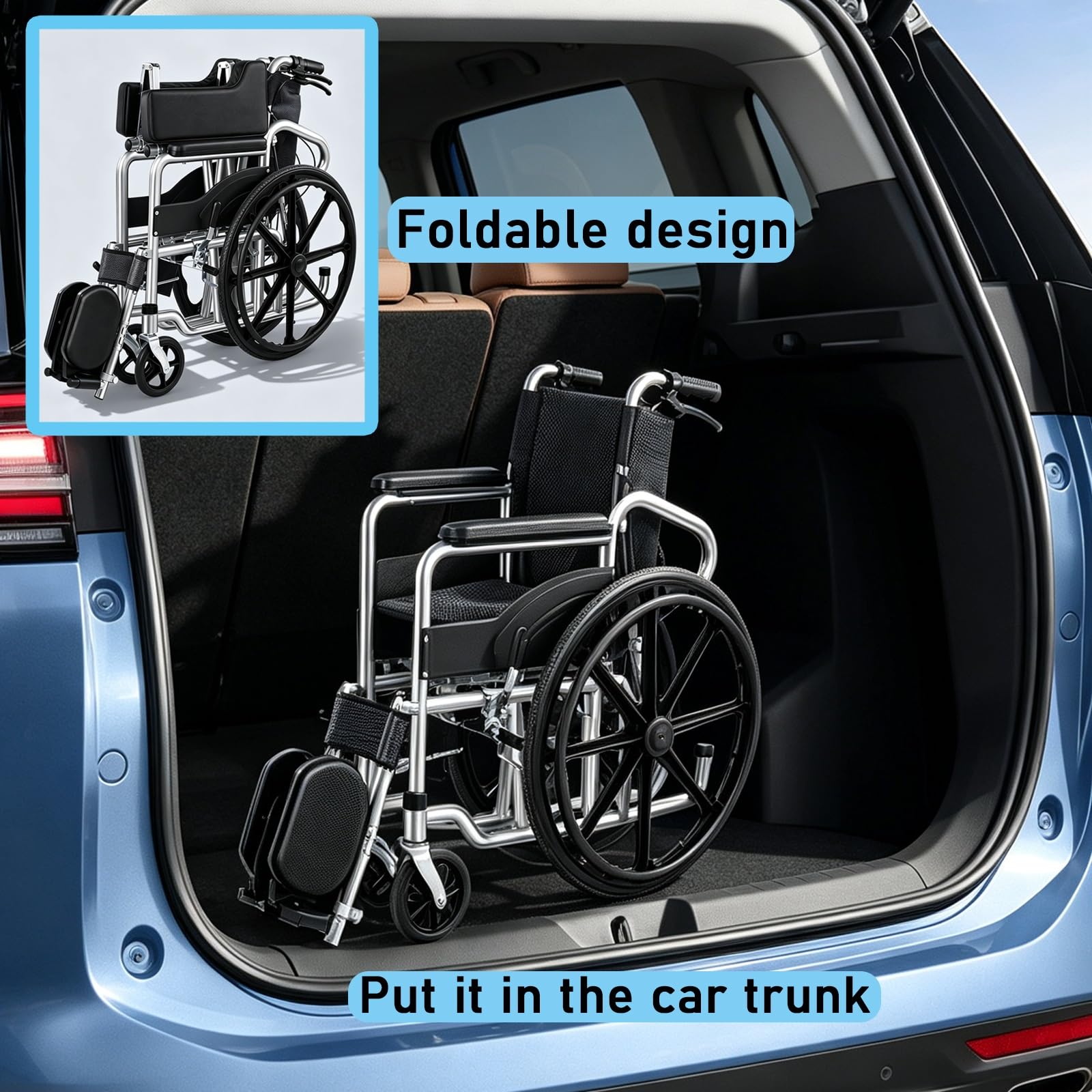 Sillas de Ruedas para Adultos Plegables Silla de Ruedas Ligera para Viajar | Respaldo Alto con Mesa de Comedor con Asiento de Inodoro Deslizante Frenos Dobles Tubos de Acero Engrosados