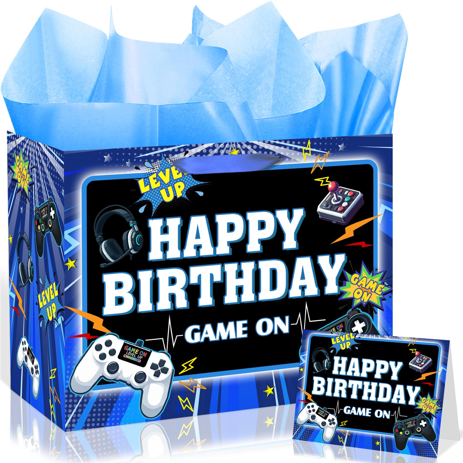 Woosytoo Video Game Theme Birthday Gift Bags with Card and Tissue Paper Blue Video Game Gift Wrapping Paper Bag for Boys Girls Kids Christmas Birthday