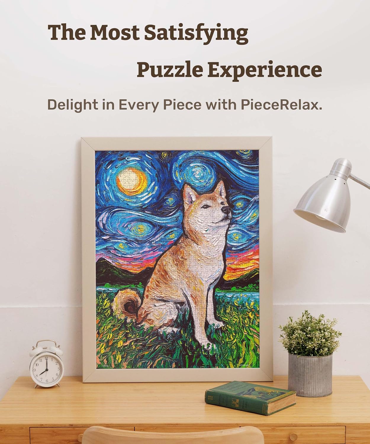 PieceRelax PieceClicks Plastic Jigsaw Puzzle for Adults 1000 Pieces - Aja Trier - Shiba Inu Night - 25.2 X 18.9 Inches, Most Satisfying Table Games, No Glue Needed [U1102]