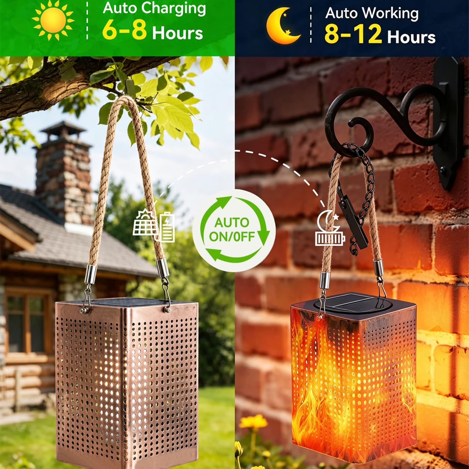 Lanterna a fiamma solare per esterni, impermeabile, confezione da 2 luci solari con effetto fiamma tremolante, IP65, resistenti alle intemperie, lanterne LED per giardino, patio, portico, balcone