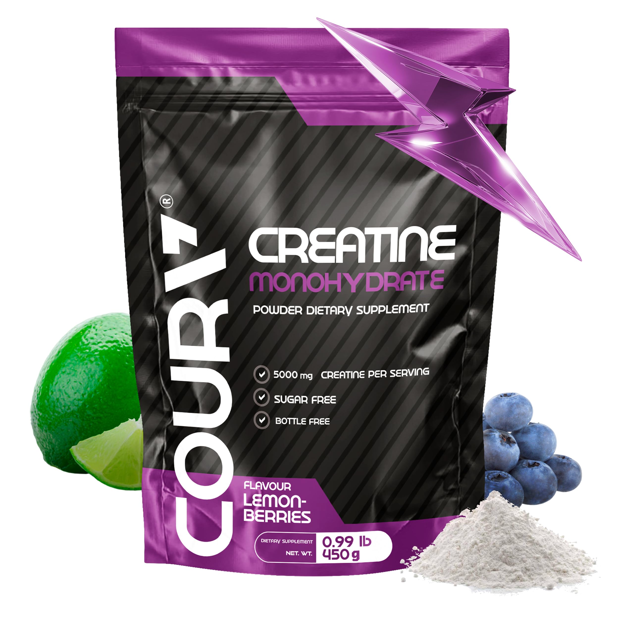 COURA Creatine Monohydrate Lemon-Berries Flavor - 450g - Sports Supplement - Strength and Endurance - Ideal for Intense Workouts - Gluten Free - Bottle Free