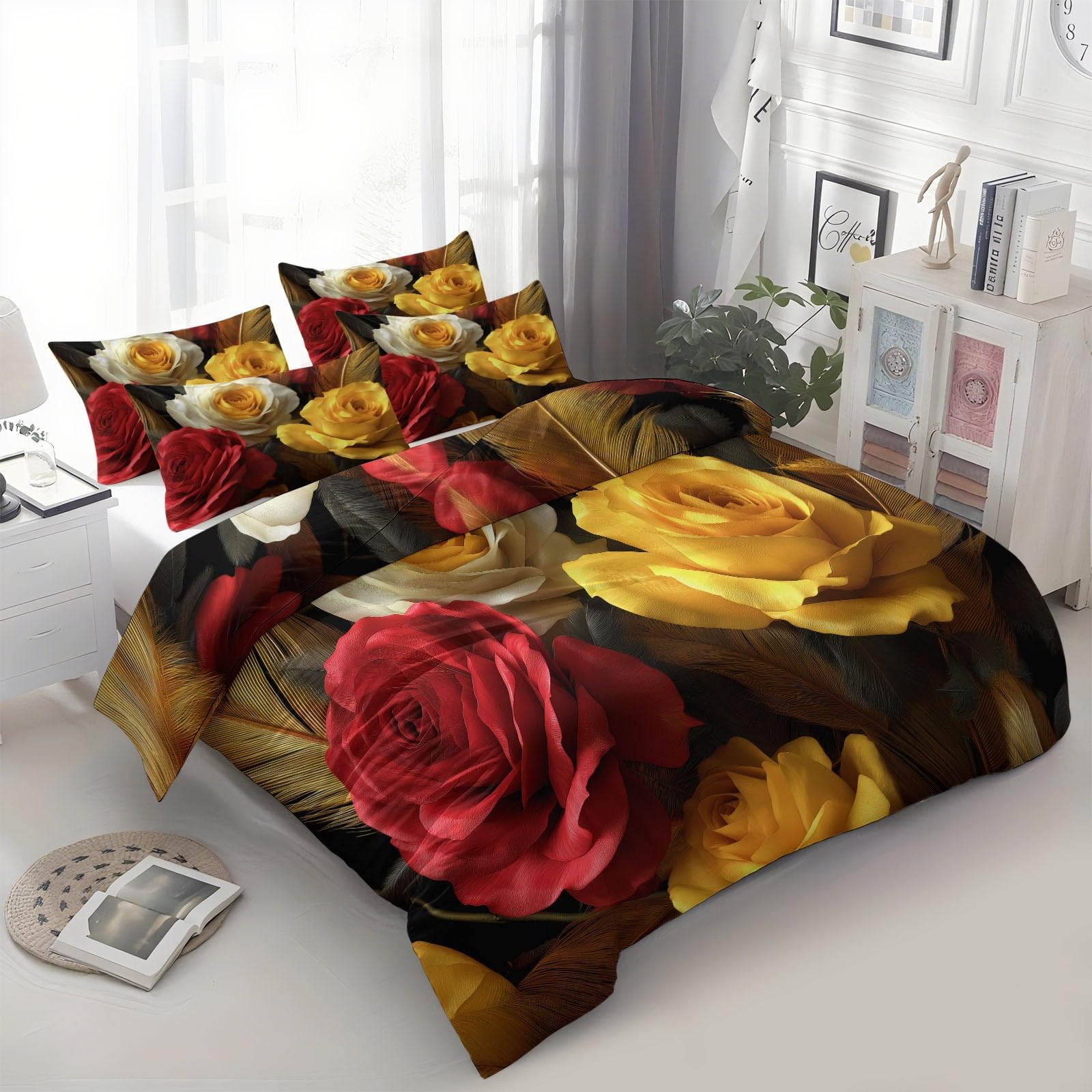 Copripiumino Matrimoniale Biancheria da Letto Morbida Antirughe, 3D Retro Fiori Rose Fantasia 200 x 200 cm, Parure Copripiumino con federe Sacco Piumone Camera Da Letto Per Bambini Giallo Scuro