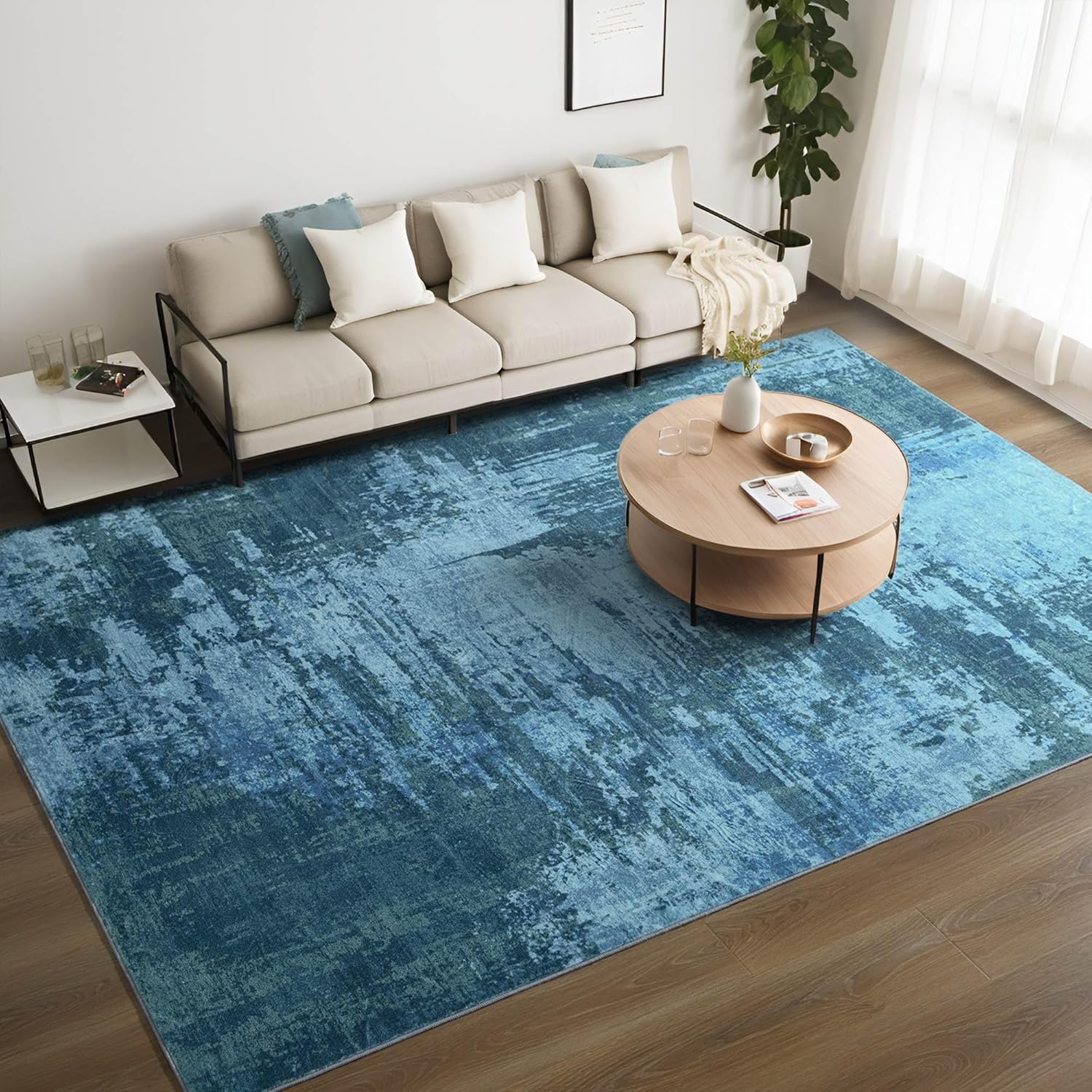 Merelax 5x7 Blue Living Room Area Rug, Large Washable Rugs for Bedroom Dining Room, Soft Boho Abstract Area Rugs, Modern Non Slip Low Pile Carpet for Office Study Kids Room