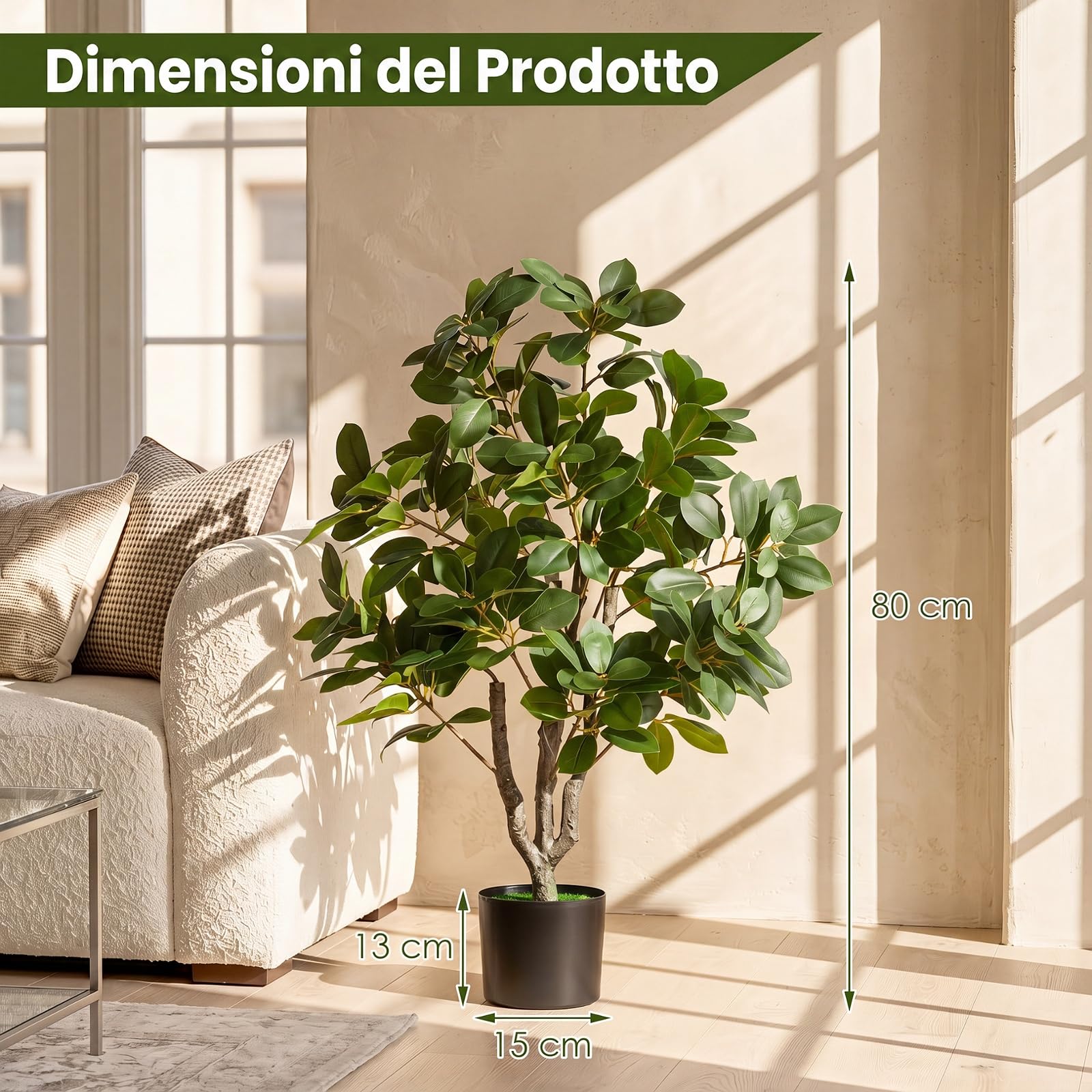 COSTWAY Pianta Finta, Ficus Finto da Interno e Esterno (80 cm) | Albero Artificiale con Rami Realistici, Foglie Fitte e Vaso Zavorrato, per Salotto, Ufficio, Hotel, Balcone e Giardino