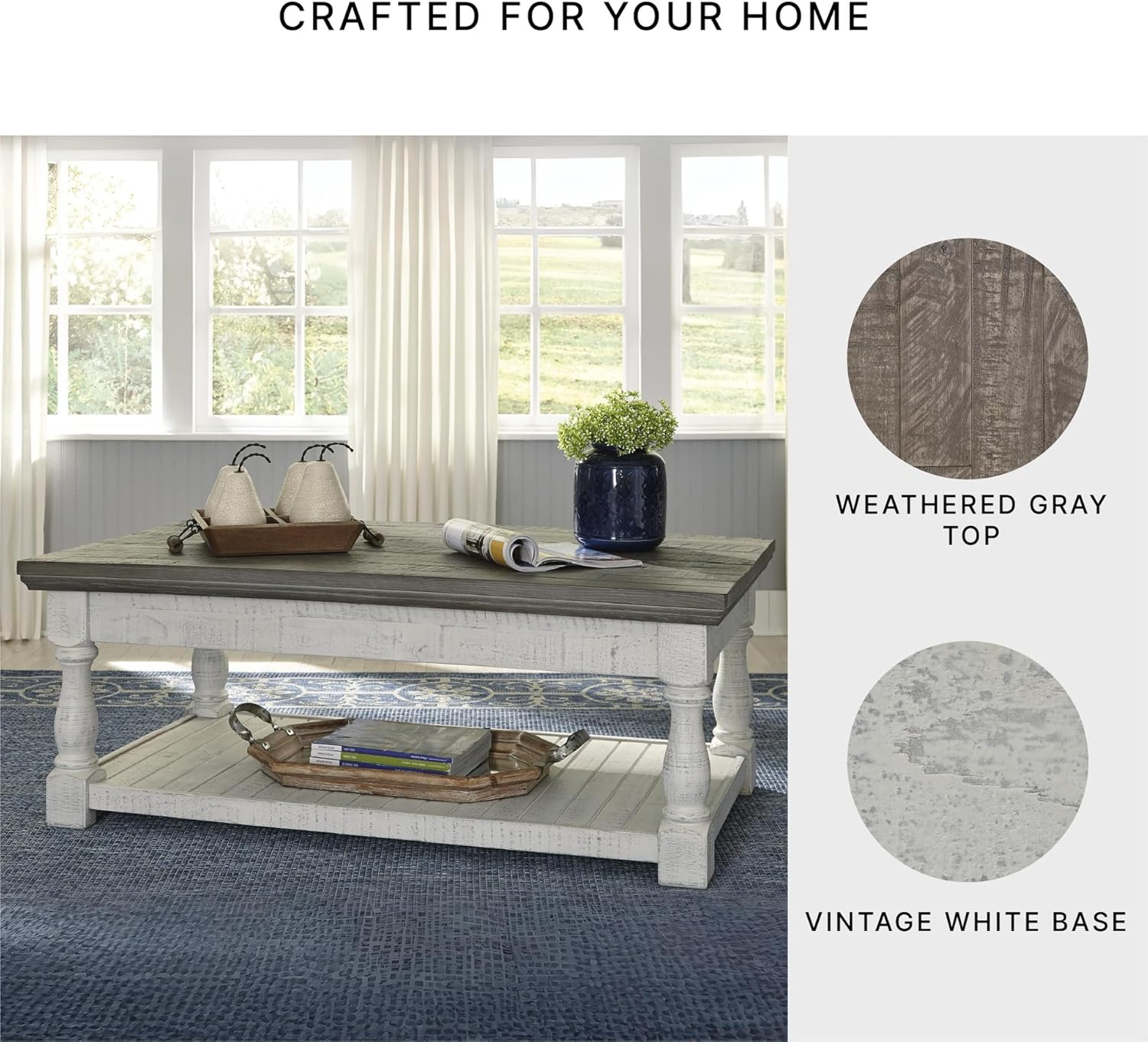 Signature Design by Ashley Havalance Farmhouse Lift Top Coffee Table with Fixed Shelf and 2 Hidden Storage Trays, Gray & White with Weathered Finish