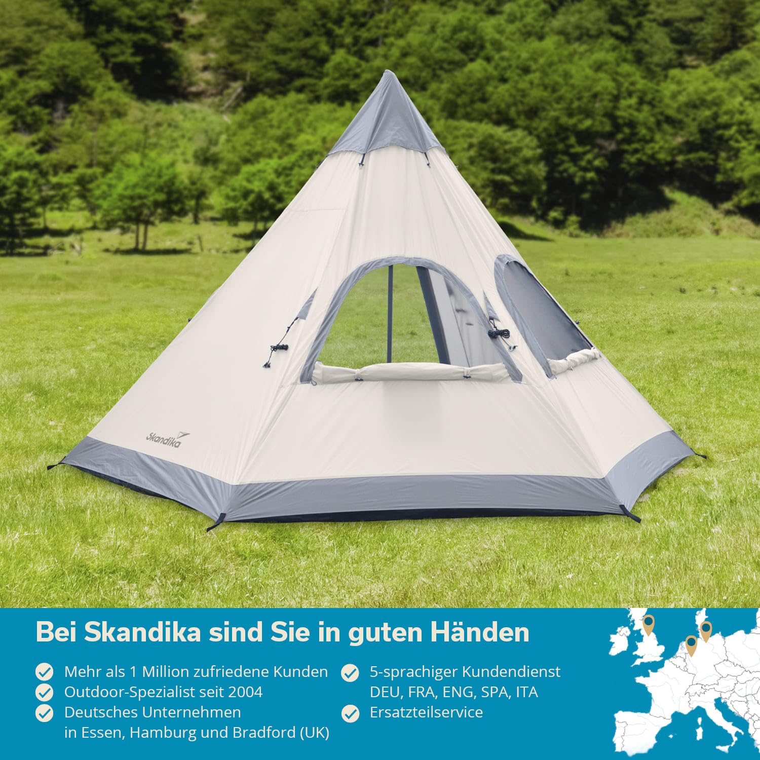 Skandika Tipi Zelt Hetta | Zelt für 4-6 Personen, 2-3 m Stehhöhe, eingenähter Zeltboden, 3000 mm Wassersäule, UV 50+, Festivalzelt, Indianerzelt, Familienzelt | Outdoor, Camping, Glamping