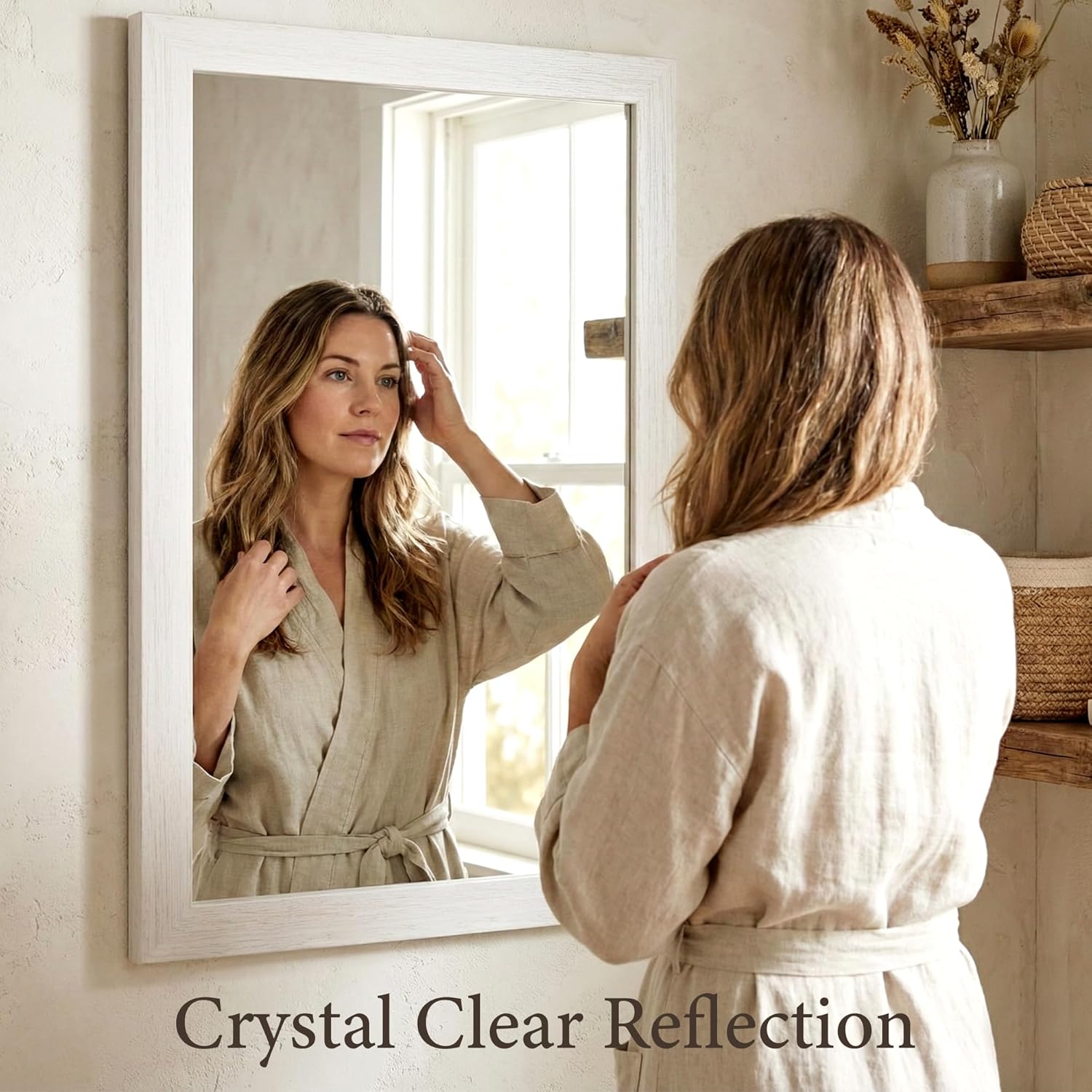 24" x 36" Farmhouse Wall Mirror for Mantle, Distressed White Wood Texture, Coastal Rustic Decor Mirror for Entryway, Bedroom & Bathroom, Wide Trim