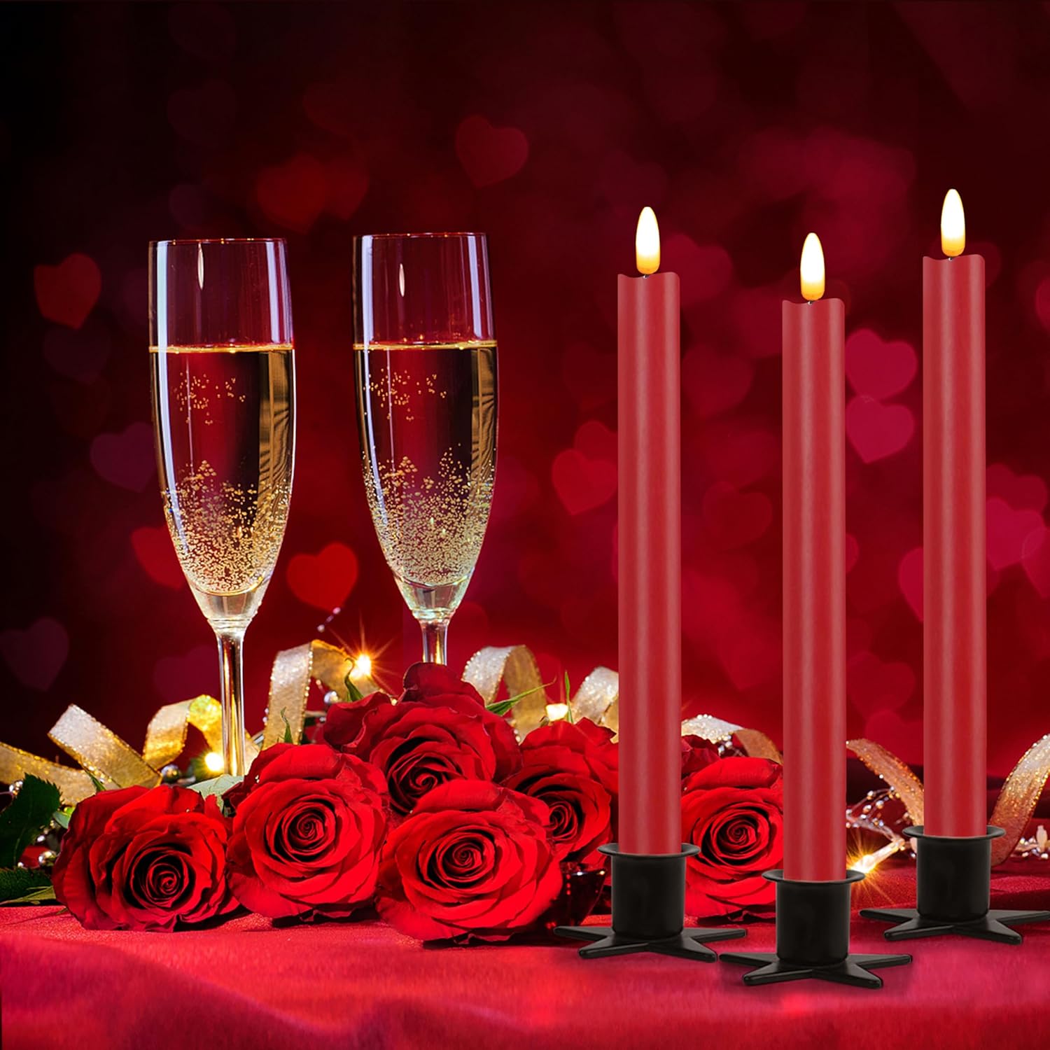 CVHOMEDECO. Real Wax Flameless Taper Candles with 10-Key Remote, Battery Operated Led Flickering 3D Wick Light Window Candles Home Christmas Party Decor 0.78 x 10 Inch, Pack of 3, Red