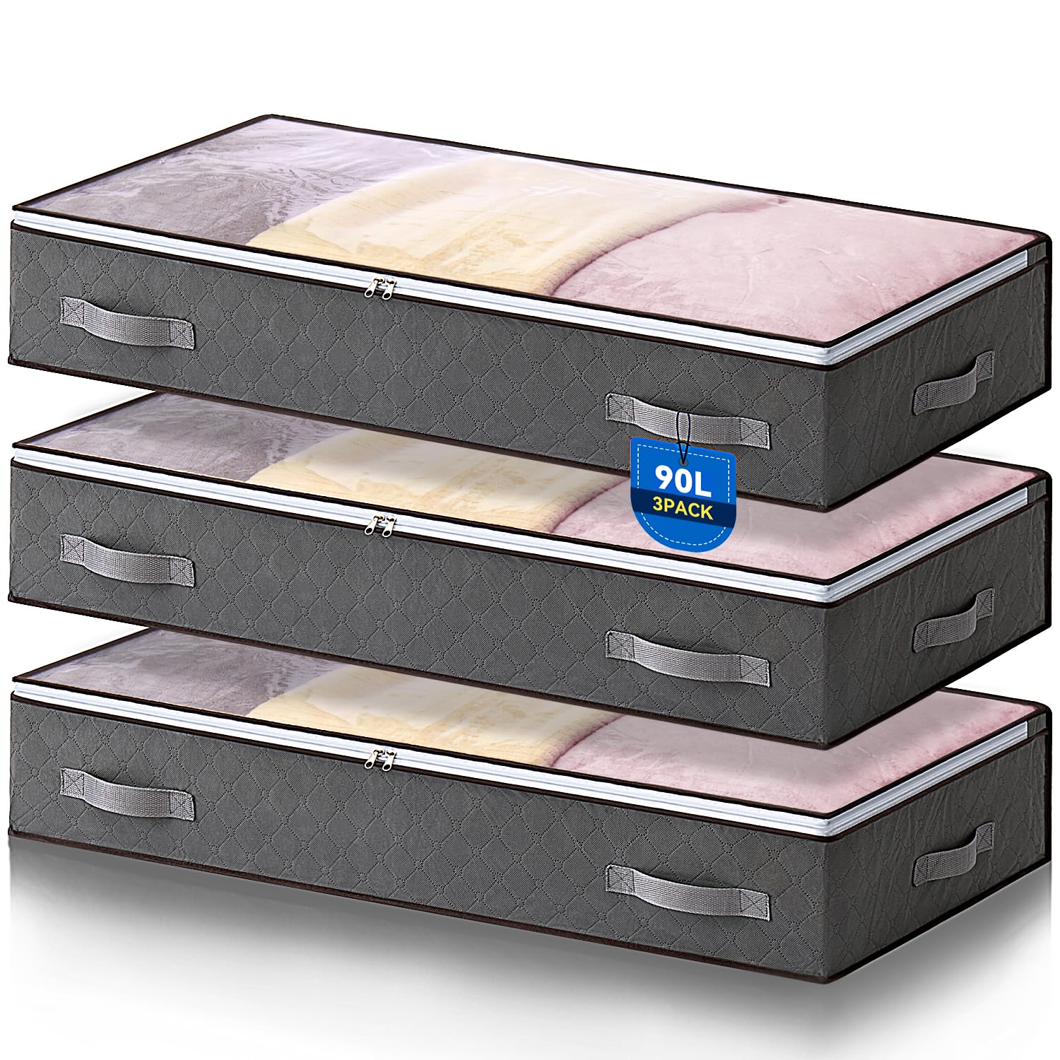 Boic 3 Piezas Cajas Almacenaje Ropa 90L, Almacenaje Bajo Cama, Organizador De Canape Plegable Bolsas Para Guardar Ropa Con Mango Reforzado, Caja Organizador Armario Para Edredón, Manta Zapatero