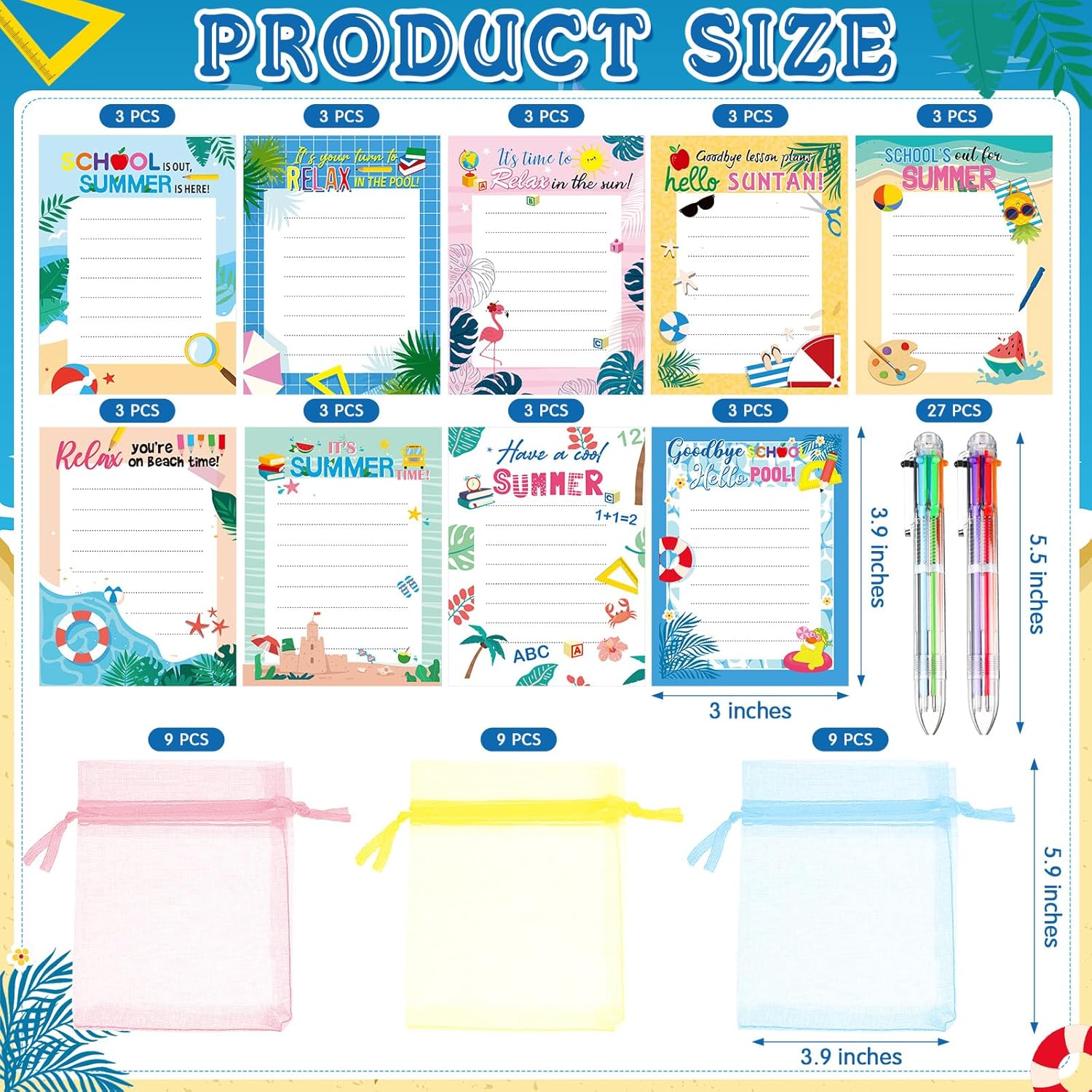 Pasimy 27 Set End of the Year Gifts Graduation Gift Beach Notepads with Ballpoint Hawaiian Luau Graduation Sticky Note Ballpoint with Bag for Pool Beach Birthday (Summer)