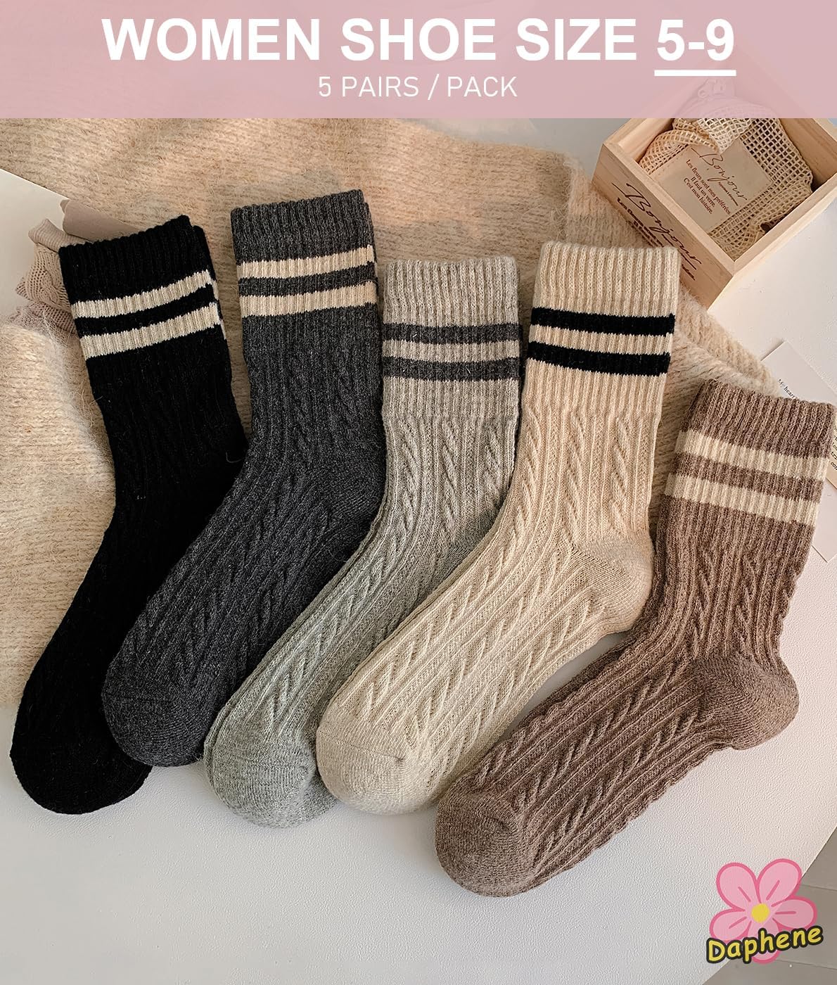 Daphene Womens Trendy Cute Wool Socks | Winter Thick Warm Holiday Gifts | Cartoon Design Comfortable Non-Slip | Multi-Color - Image 3