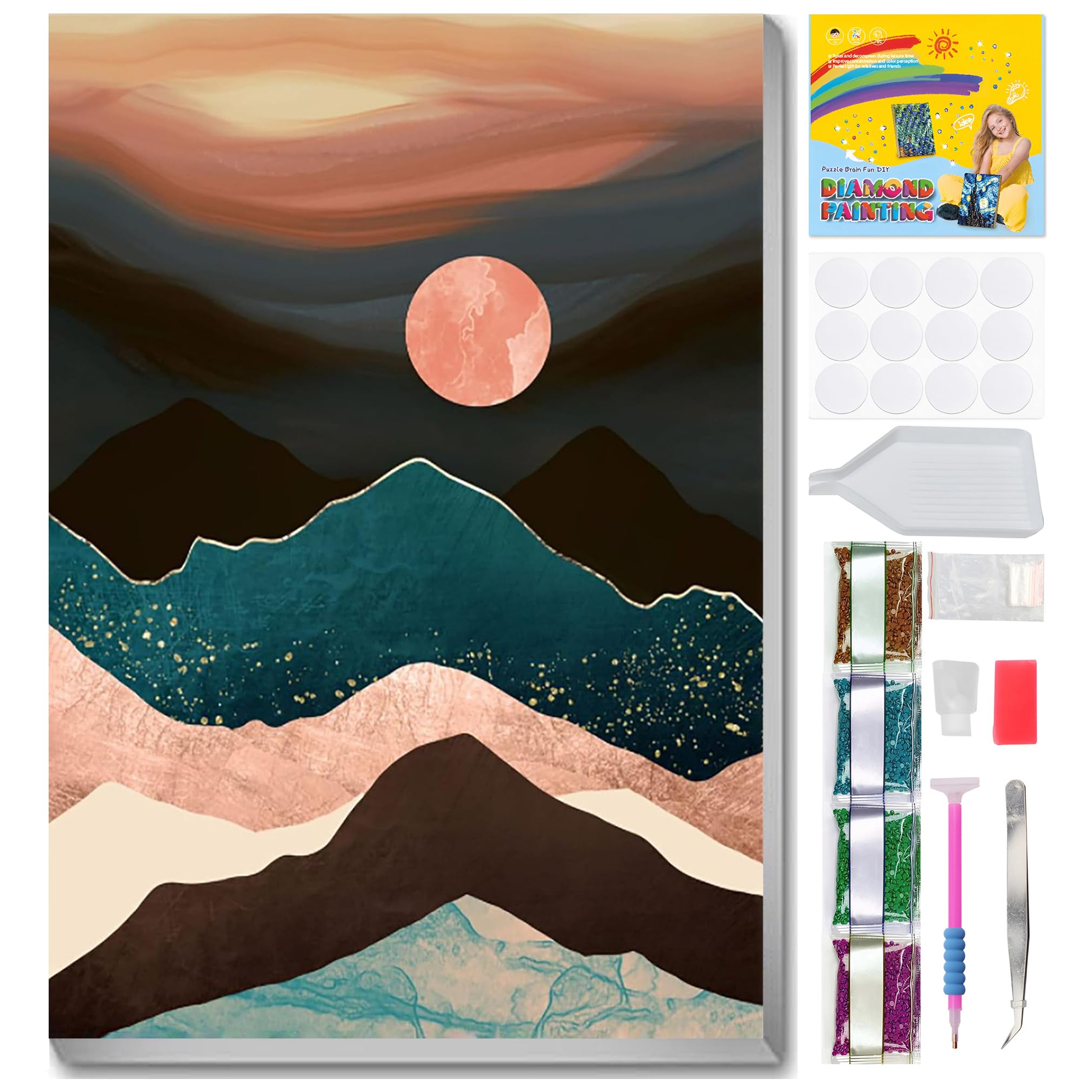 Jakener Diamond Art Kits for Adults with Framed,Mountain Moon Diamond Painting Kits for Adults DIY 5D Beautiful Box Pack Round Full Drill Gem Art and Crafts for Home Wall Decor 30x20cm/12x8in