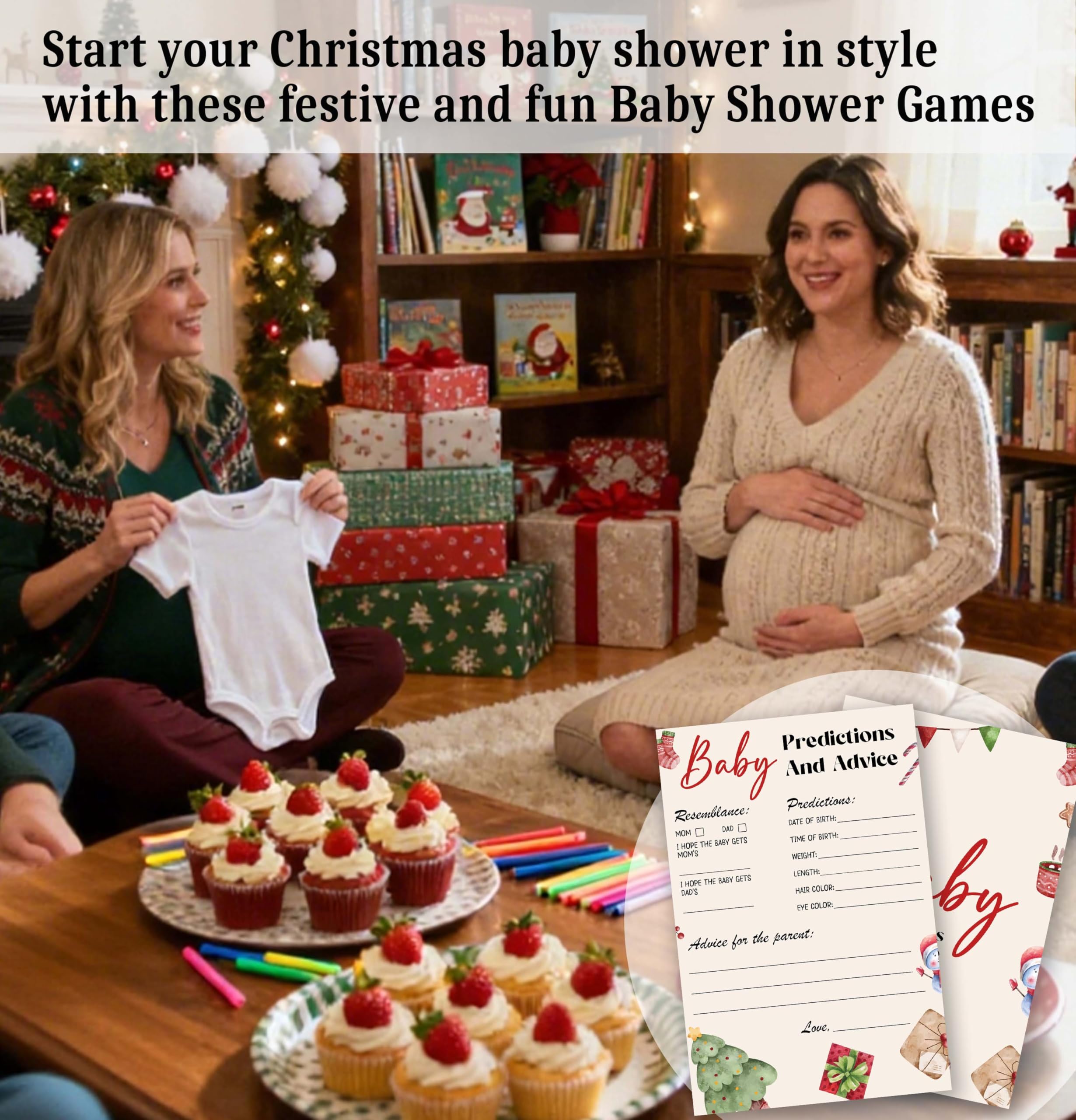 Świąteczne karty do gry na baby shower – 25 dwustronnych kart przewidywania i porad dla dzieci, zimowe upominki na imprezę neutralną płciowo - C02