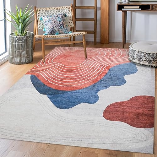 Miniatura 2 de Alfombra lavable de 5 x 7 pies, moderna y abstracta, de lana sintética, para sala de estar, antideslizante, de pelo bajo, plegable, para dormitorio,