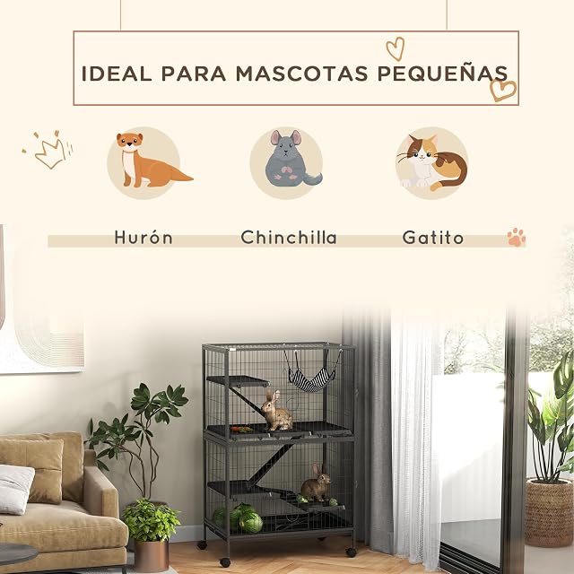 Foto 3 de 8 de PawHut Jaula para Animales Pequeños de 4 Niveles 80x52x128 cm Gris Oscuro