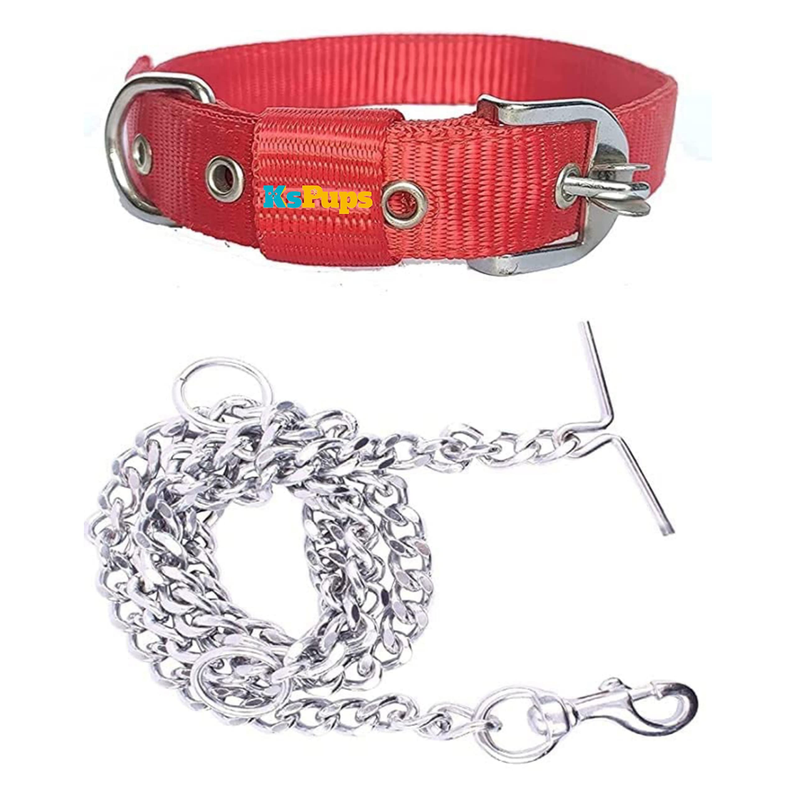 KsPups Dog Belt Combo of 1 Inch Nylon Collar with Heavy Duty Stainless Steel 63 Inch Lengthy Dog Collar Chain Ideal for Training/Walking Large Dogs (Red)