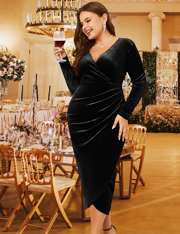 CYCLAMEN Wrap Ruched Velvet Dress V Neck Long Sleeves Bodycon Midi Elegant Party Wedding Guest Cocktail, Black, XXL by CYCLAMEN - Used condition - Image 5