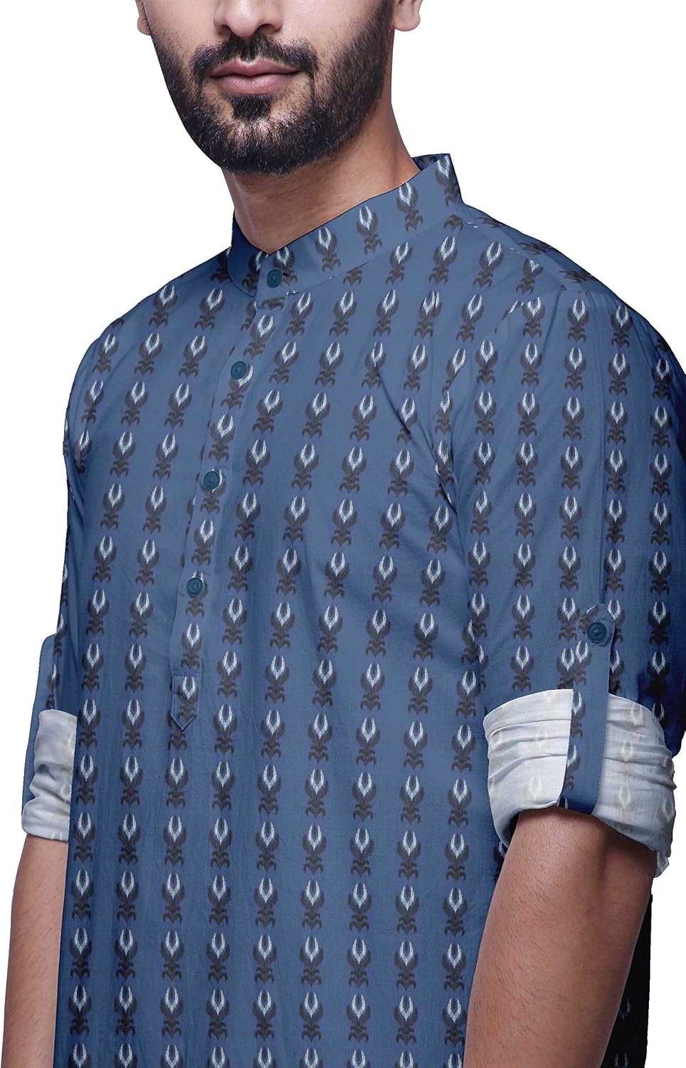 Atasi Long Cuff Sleeve Shirt Casual Printed Short Kurta for Men Summer Wear Blue