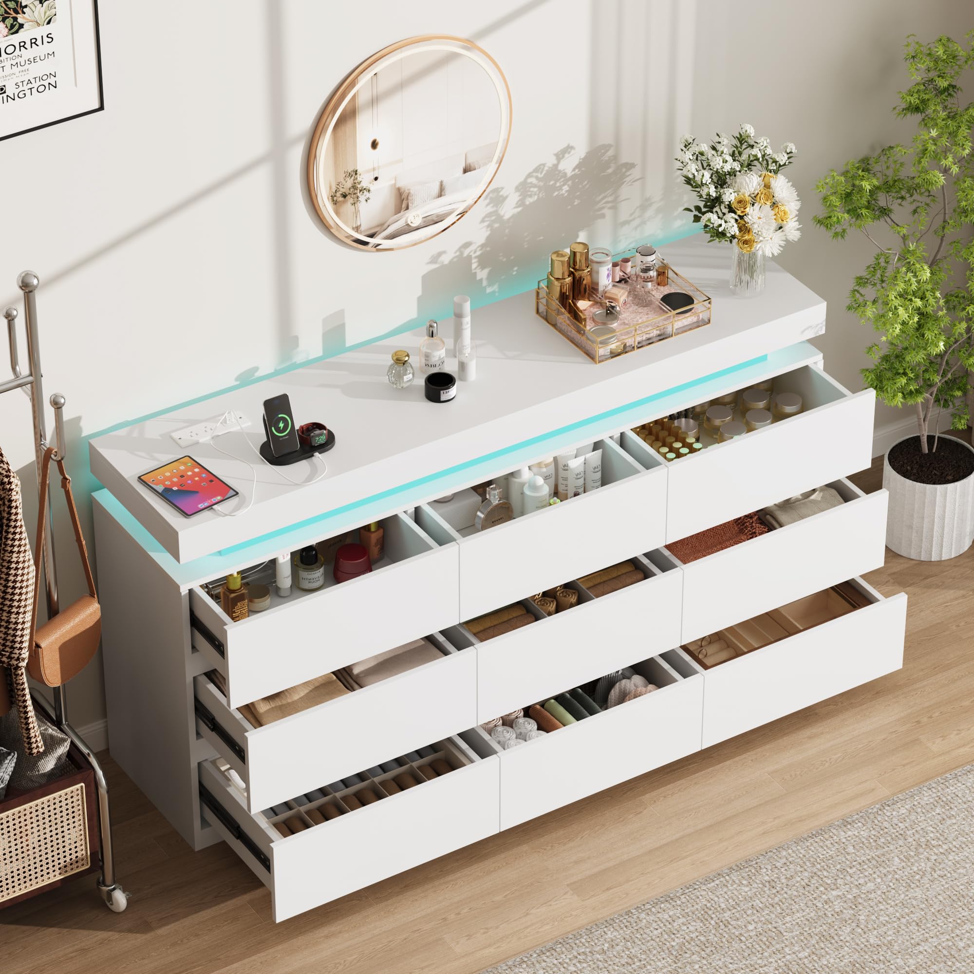 9 drawer dresser for bedroom, white dresser with led lights, power outlet, modern wood chest of drawers for closet, double wide drawer storage organizer tv stand for living room, entryway, hallway (incomplete one box only)