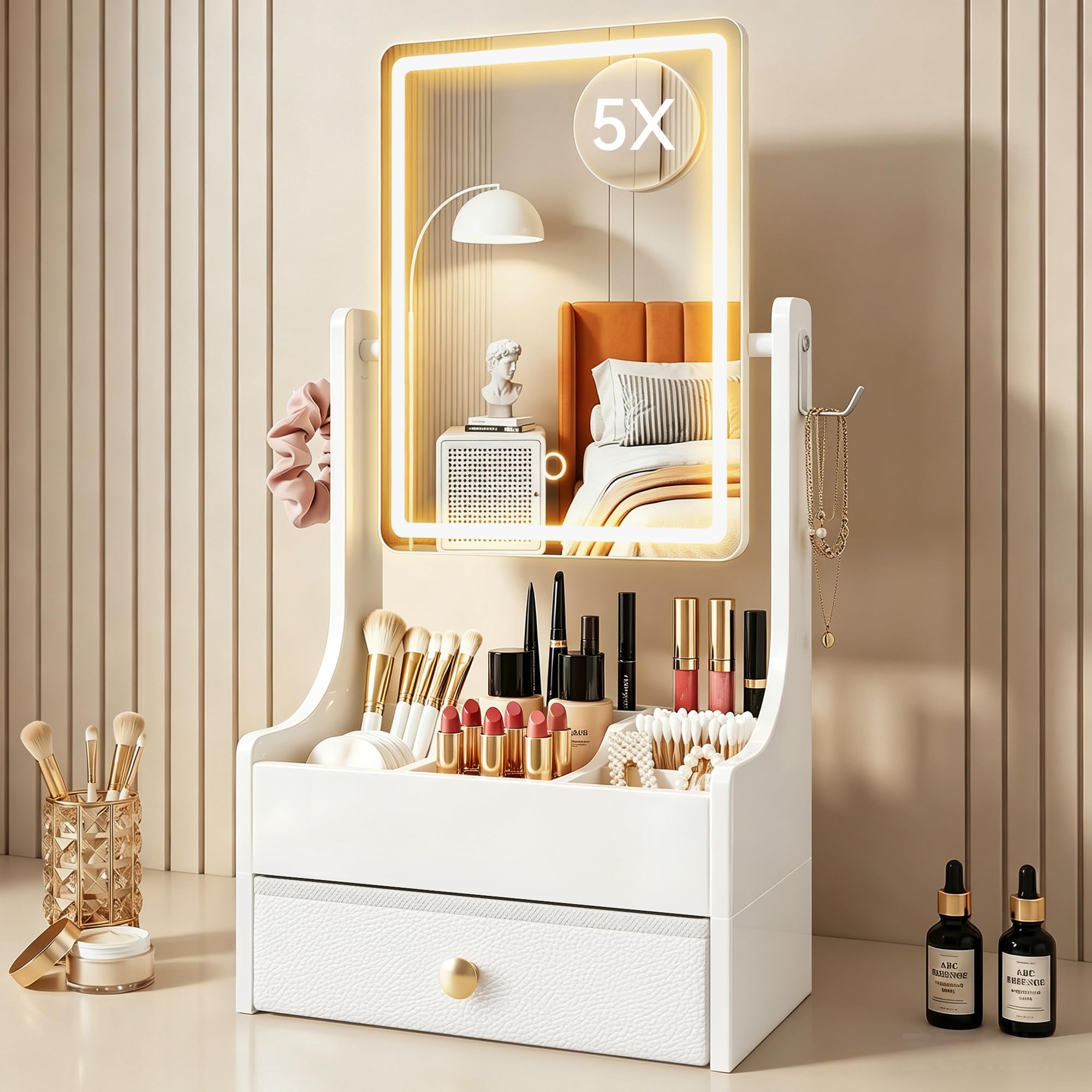 Schminkspiegel mit Beleuchtung, Make-up Organizer, 32 x 66 cm | 360° drehbarer Kosmetikspiegel, 5-fach Vergrößerungsspiegel mit Licht, höhenverstellbar, Tischspiegel & Schminktisch Spiegel