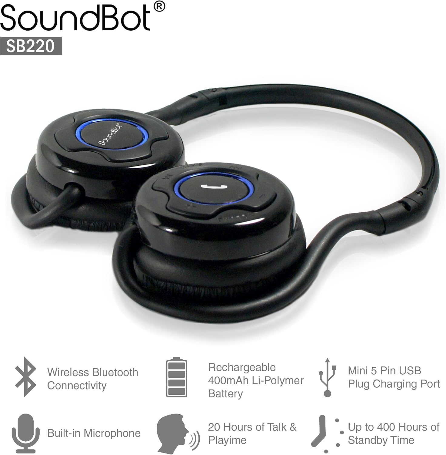 SoundBot SB220 Bluetooth Headset Wireless Stereo Headphone for Music Streaming & HandsFree - Black