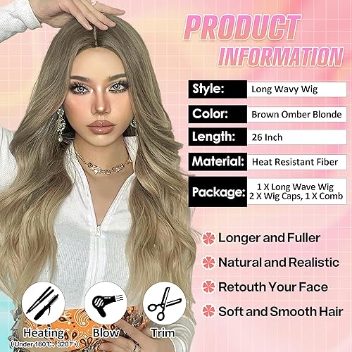 Miniatura 3 de WEIWENHEE Peluca larga rubia ombré, peluca ondulada con mezcla de rubio, parte media, línea capilar realista, fibra sintética resistente al calor,