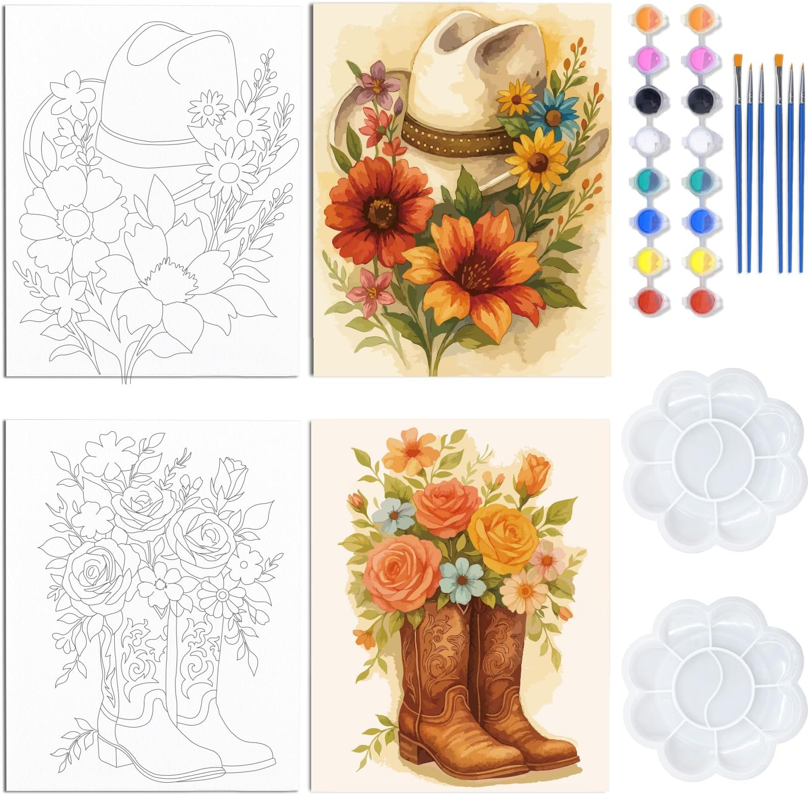 – WEBEEDY 2 Pack Pre Drawn Canvas Sip and Paint Kit for Adults Flower Couple Painting Kits Date Night for Valentine's Day Anniversary Party Favor, 20x25 cm(Cowboy Boots Hats)