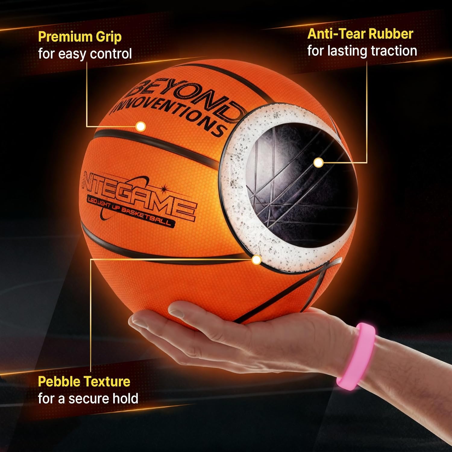 Glow in The Dark Basketball - Light Up Basketball Gifts for Teen Boys & Girls 8-15+ | Official Size 7 | Kids Basketballs Teen Boys Gift Ideas - Includes 2X Light Up Bands | Outdoor Teens Gifts