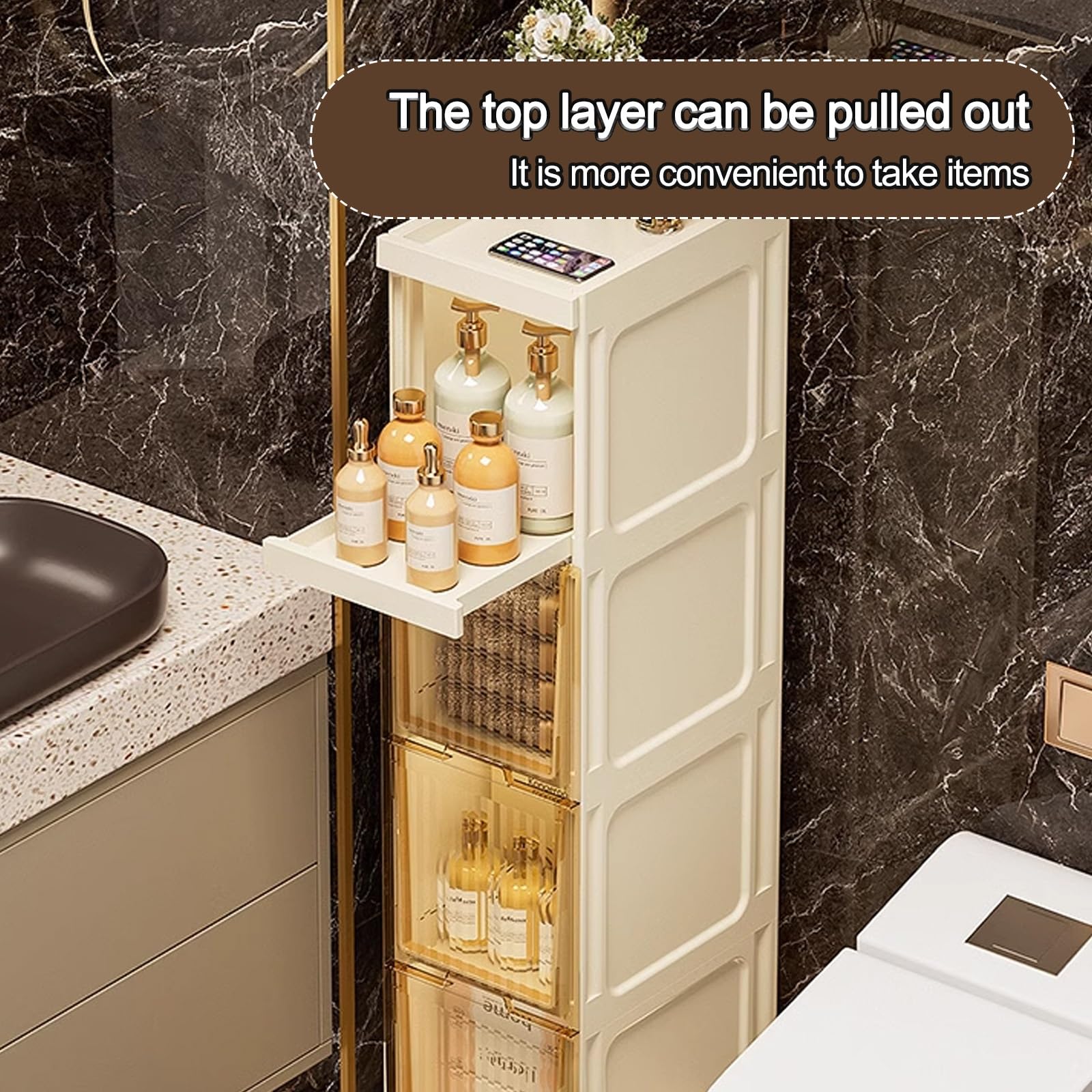 Gabinete de Almacenamiento Estrecho para baño con cajones, Carrito Organizador Impermeable con Ruedas para Espacios pequeños, Cocina y lavandería.