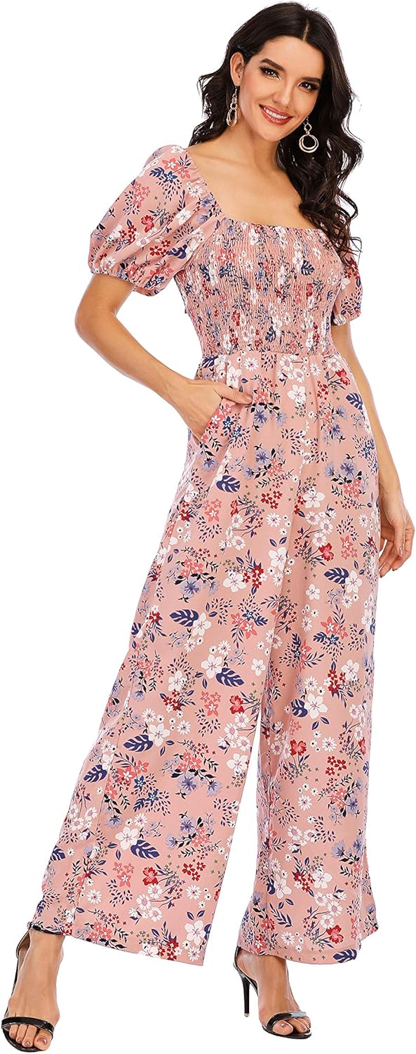 Love Welove Fashion Jumpsuits for Women Dressy Casual – Floral Spring Wide Leg Smocked One Piece Romper Outfits - Image 3