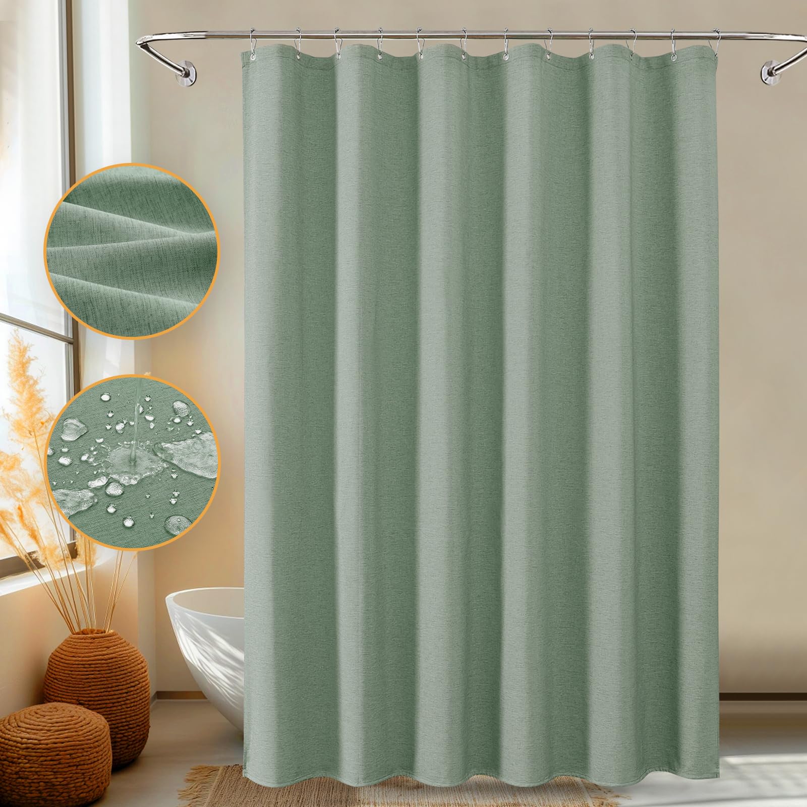 Shower Curtain, Heavy-Duty Linen-Texture Fabric Shower Curtain, Extra Soft Double-layer waterproof Shower Curtains With Smart Function Stainless Steel Hooks for Bathroom, 275 x 183cm (Gray Green)