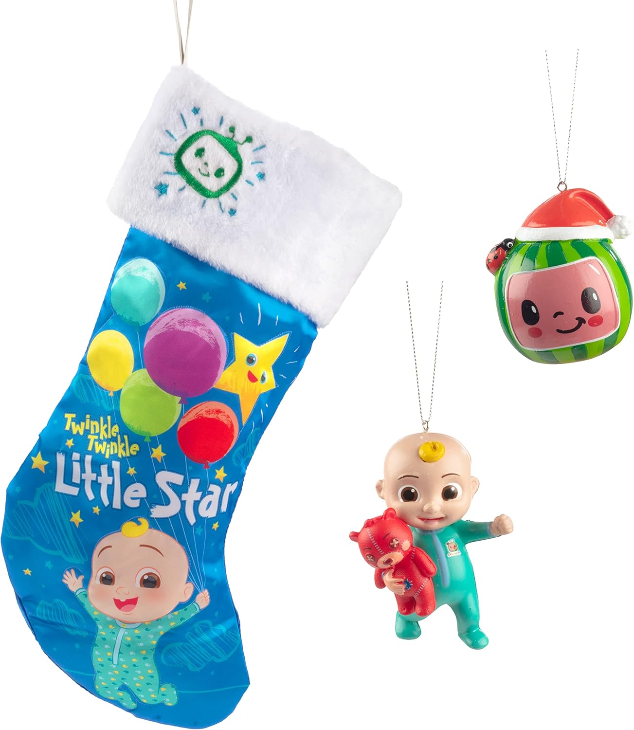 Kurt Adler CoComelon JJ and Melon Christmas Ornaments & Stocking Set - Includes 2 Holiday Tree Ornaments & 1 Stocking - Officially Licensed - Toddler & Preschool Gift for Kids. Boys, Girls