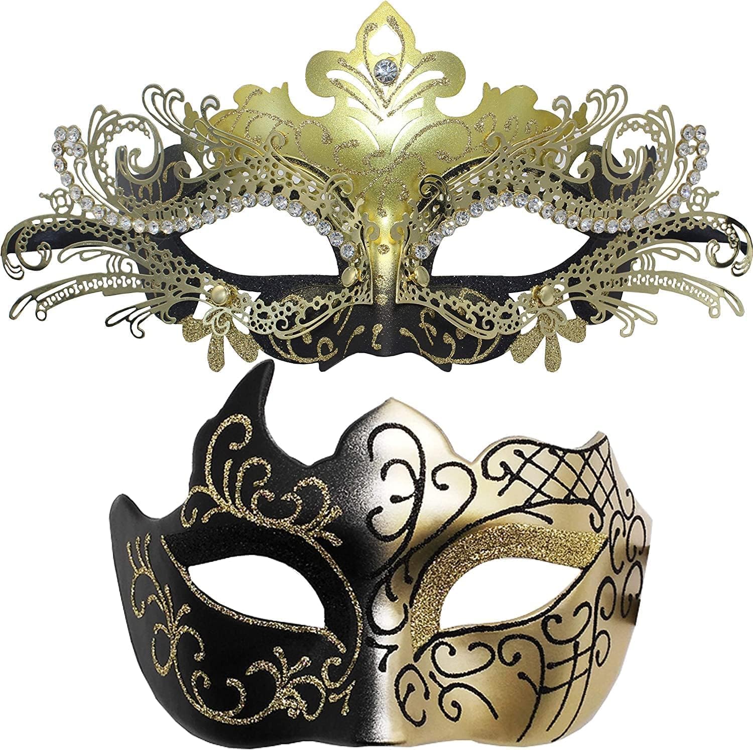 SUNNEE Masquerade Mask Couples Set: Rhinestones Metal Cosplay Venetian Party Mask Halloween Costume, Gold