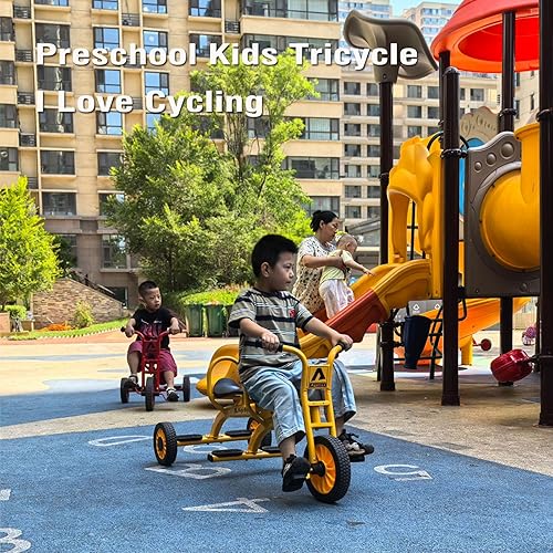 Miniatura 5 de Triciclos en tándem para niños de 3 a 5 años, triciclo de pedal preescolar para jugar en grupo, marco de metal resistente, neumáticos de goma