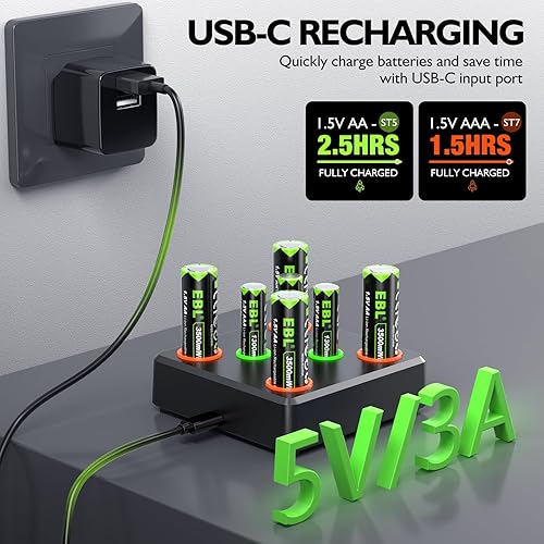 Miniatura 5 de EBL Baterías recargables AA de litio de 3000 mWh, paquete de 8 y 1.5 V AA de litio 3500 mWh, paquete de 4 unidades y AAA de 1300 mWh, paquete de 4