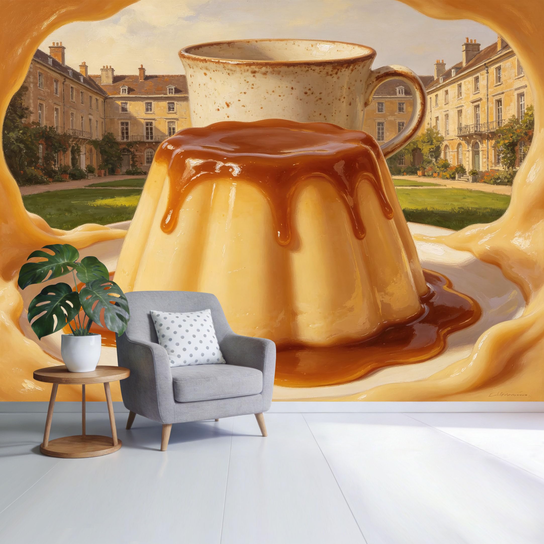 Custom Size Wall Mural Caramel Pudding Cup Vintage European Courtyard Scene Oil Painting SelfAdhesive Wall Fabric Removable Wallpaper for Home Office Decor