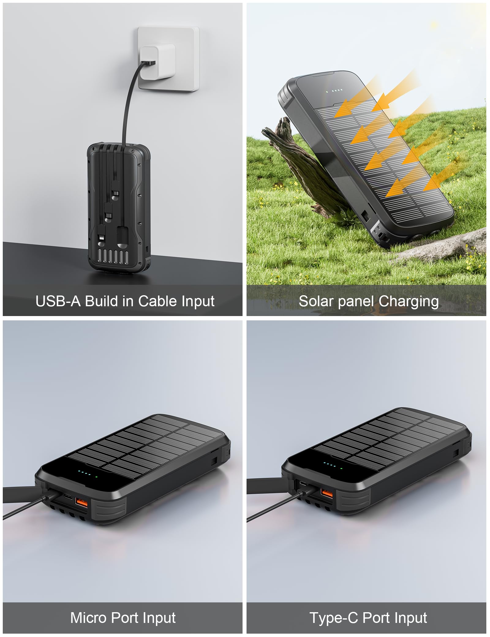 MINRISE Chargeur solaire 40 000 mAh - Chargeur portable PD 20 W - Charge rapide - 4 câbles intégrés et entrée USB-C - Batterie externe avec lampes de poche