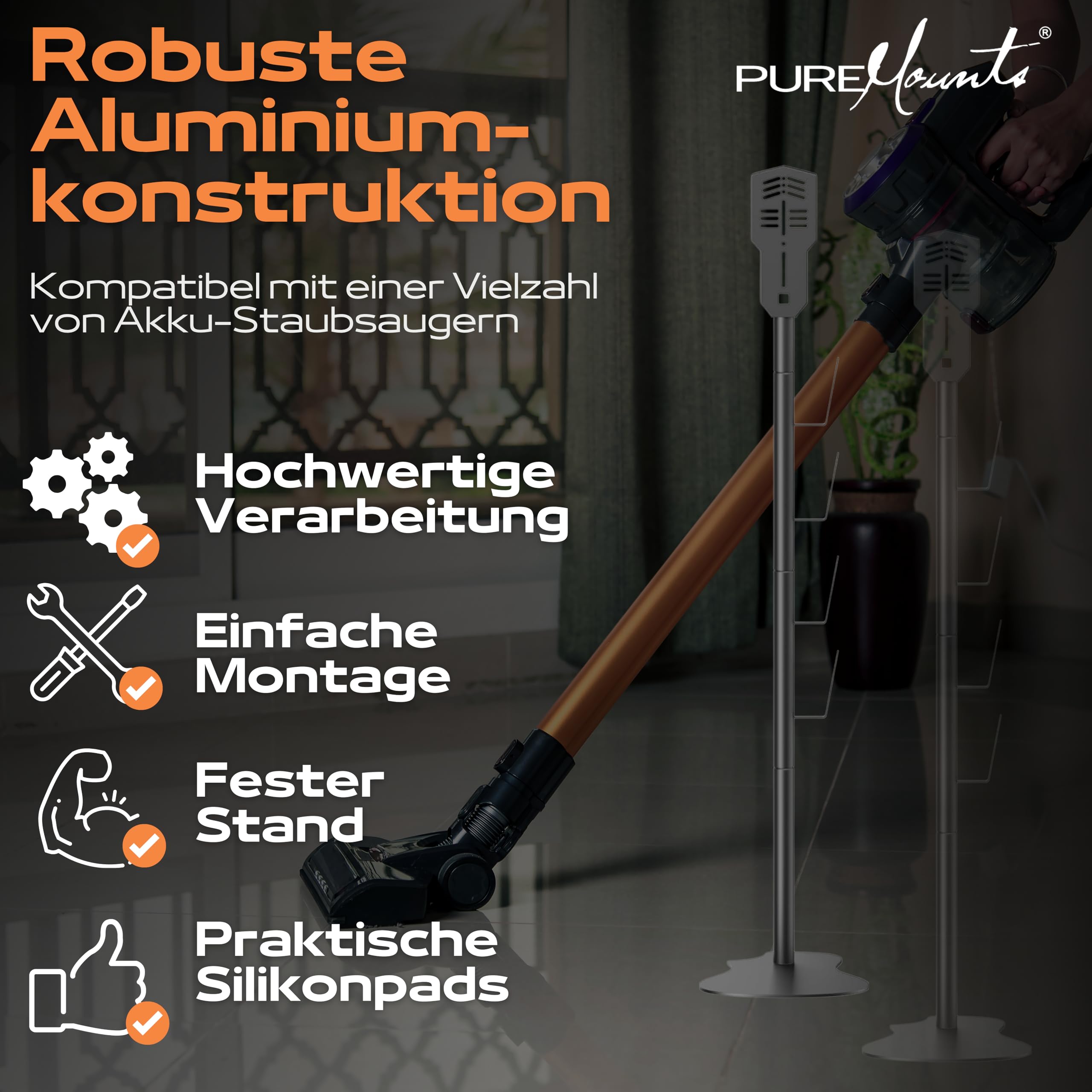 PureMounts Staubsauger Ständer Halterung universal kompatibel mit Dyson, Philips, Samsung, Bosch, Miele, Anyson, Xiaomi, Bodenständer, Zubehör Halter, Schwarz