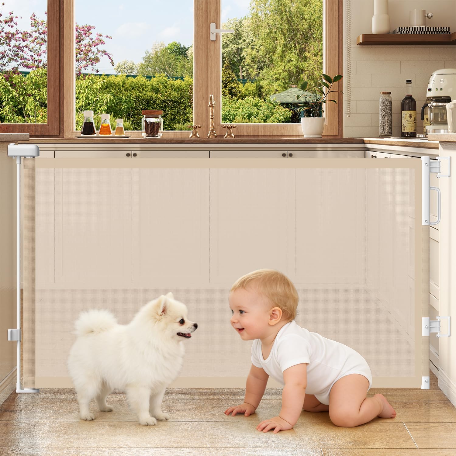 Retractable Baby Gates for Doorways, 58" Extra Wide Mesh Child Dog Gate for Stairs, 34" Tall Toddler Pet Gate Indoor and Outdoor, Easy Install, Essential for Home Safety, Beige