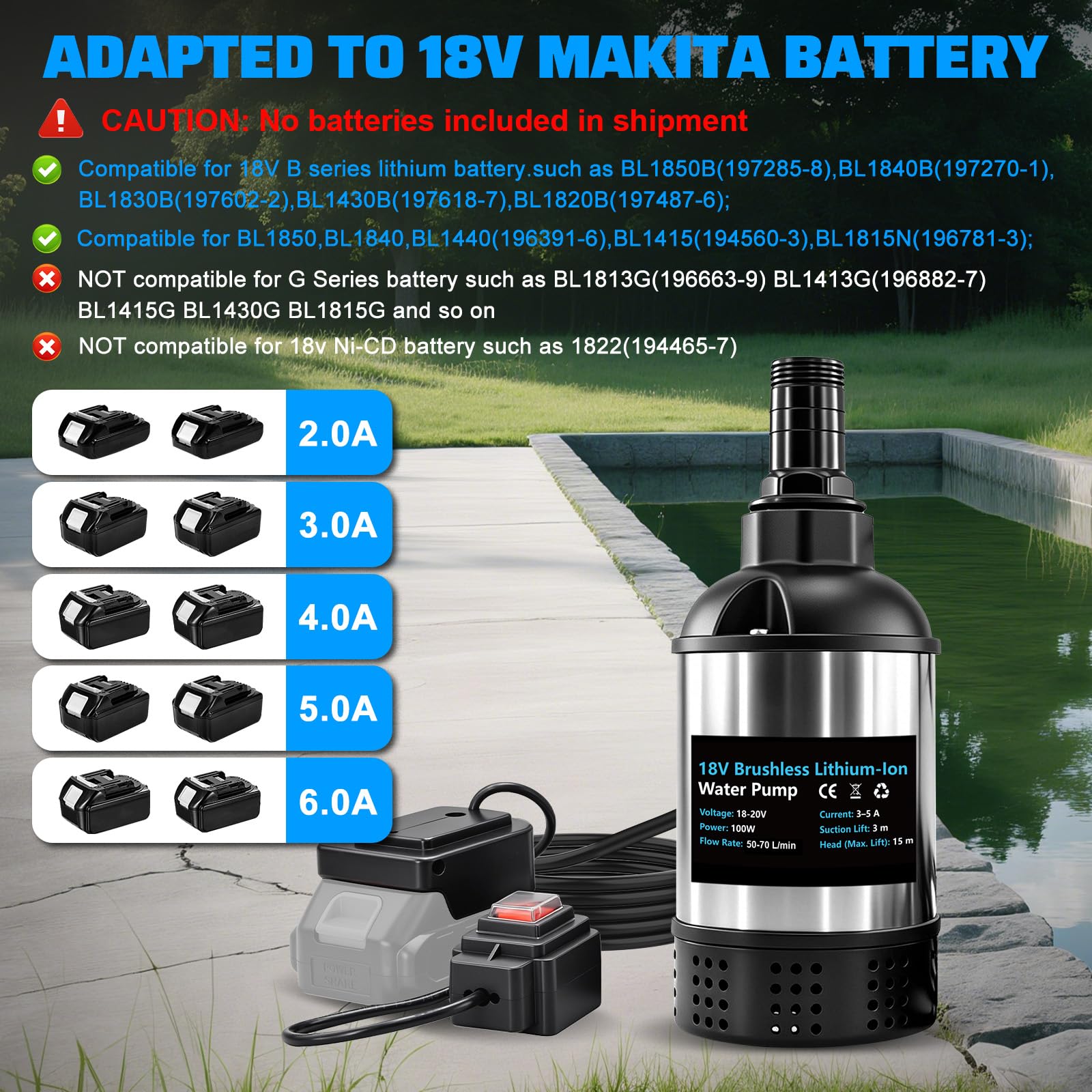Wasserpumpe Kompatibel mit Makita 18V Akku, Bürstenlose 100W Diesel-Kraftstoffpumpe, 50-70L/min Durchfluss, 15m Förderhöhe, 3m Saughöhe, 25mm Düsen für Wasser & Öl