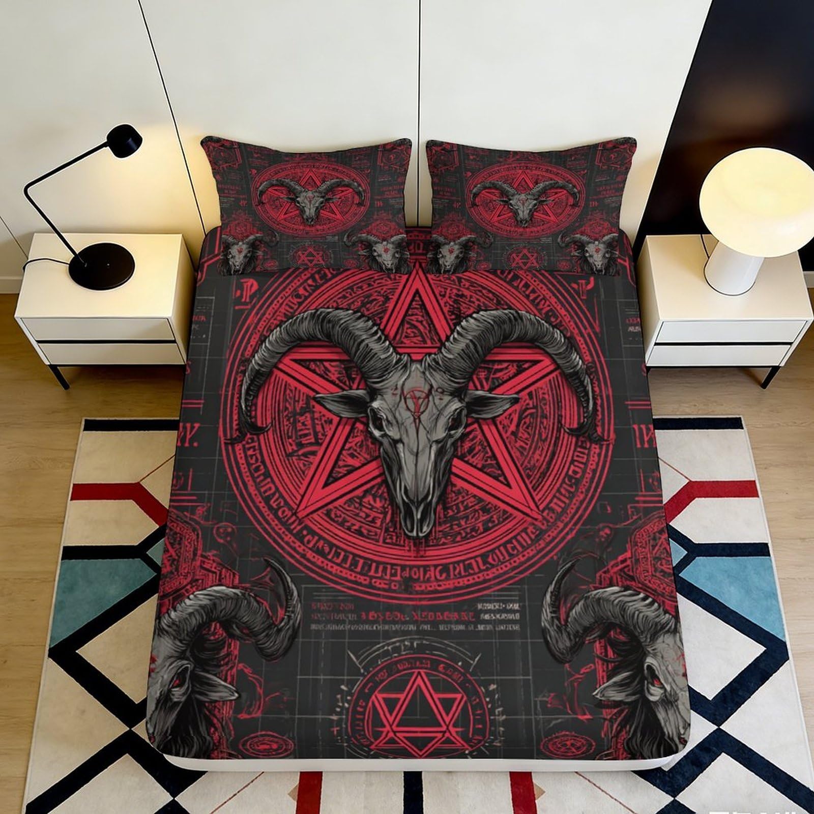 Pnayamiorkfel Style-2 3D Printed Gothic Goat Skull Fitted Sheet Microfiber Red Pentagram Bed Cover For Bedroom Dorm Mattress Protection Decor 90X200x25cm