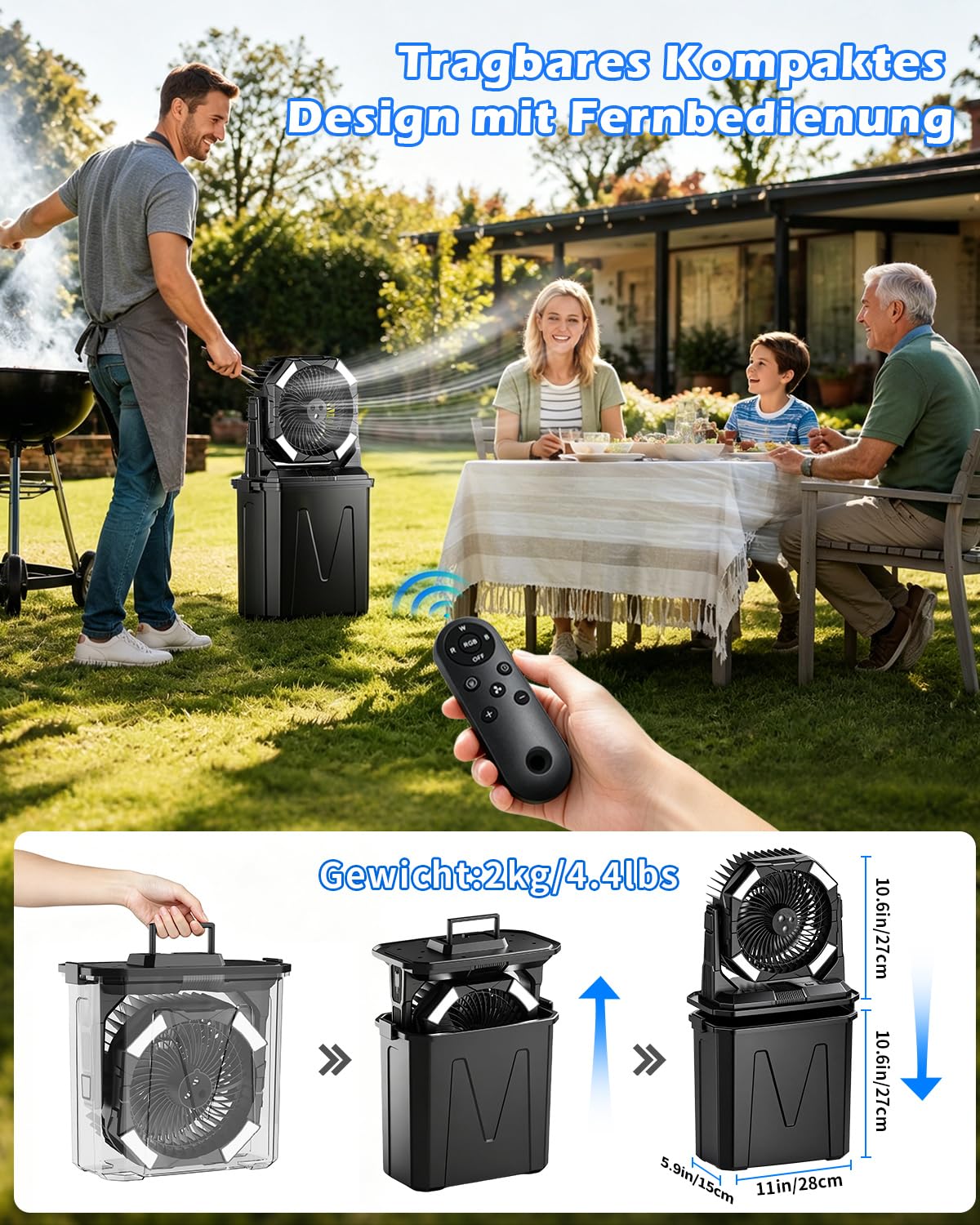 yAyusi 10L Großer Tragbarer Nebelventilator für Den Außenbereich mit RGB-Beleuchtung, 3-in-1 20000mAh Akku-Wasservernebler mit Fernbedienung＆Timer, 4 Geschwindigkeiten 4 Sprühmodi für Terrasse/Camping