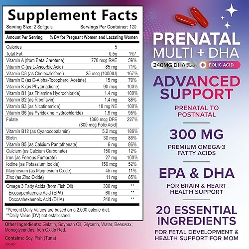 Miniatura 2 de Vitaminas prenatales con ácido fólico y DHA, apoyo al desarrollo cerebral fetal con folato y omega 3, multivitamínico prenatal para mujeres,