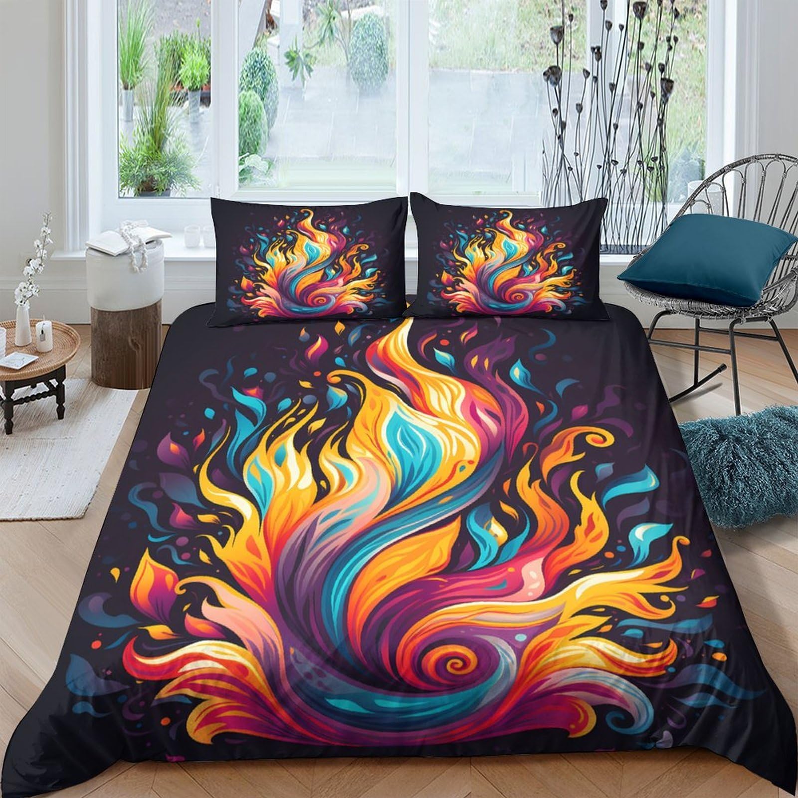 Ctjqhvkz Style-1 3D Printed Phoenix Flame Fitted Sheet Microfiber Soft Abstract Fire Bed Sheet Mattress Cover For Bedroom Dorm Decor Single（135X200cm）