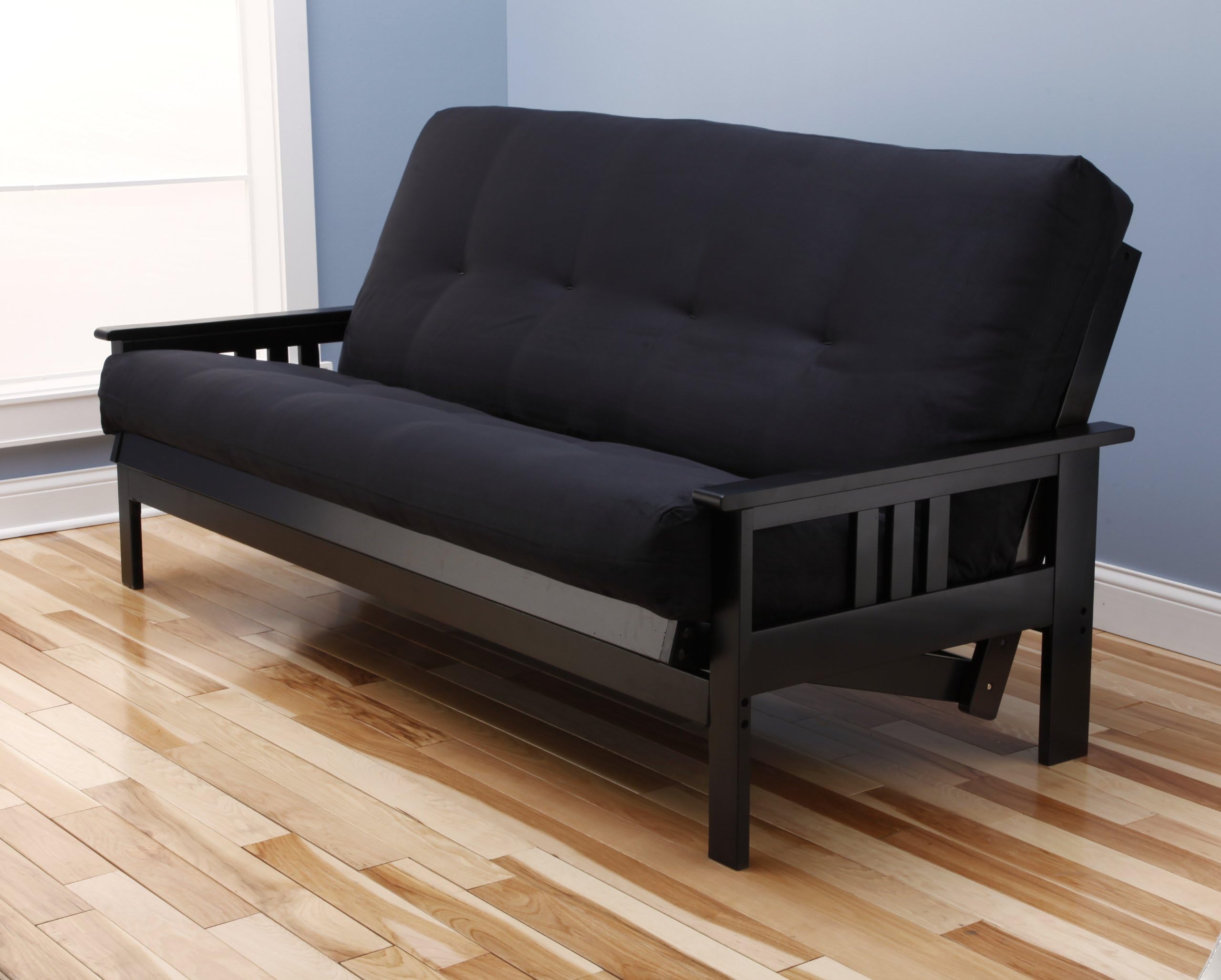 Monterey Full Size Futon Sofa With Suede Innerspring Mattress, Black Painted Hardwood Frame, Black