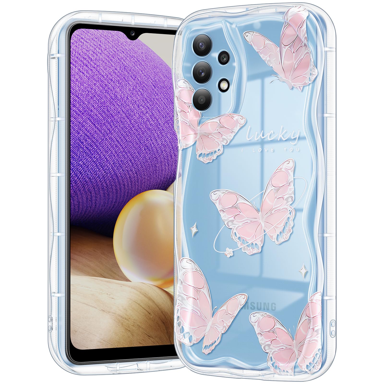 CASBST Compatible for Samsung Galaxy A32 5G Case, Pretty Butterfly Print Three-dimensional Wave Clear Case for Girls Women, Soft Full Package Anti-fall Cover for Galaxy A32 5G, Pink Butterfly